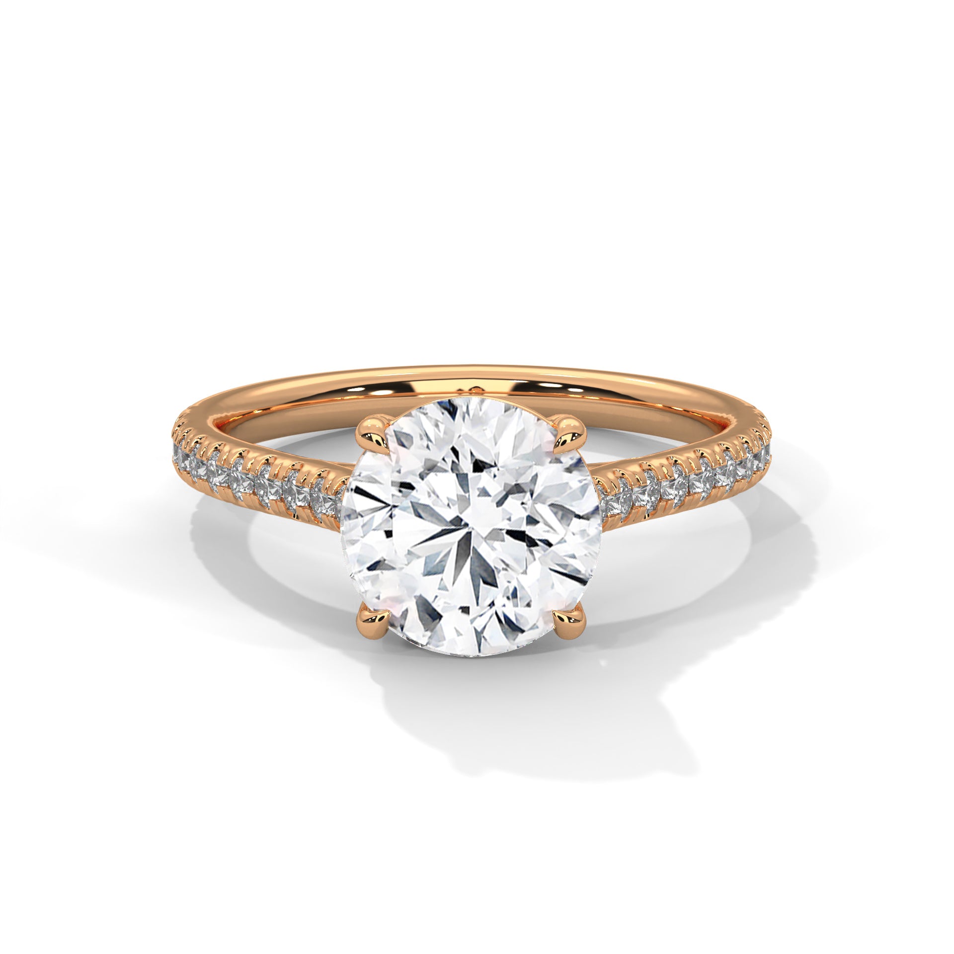 1–3 Carat Round Brilliant Lab Grown Diamond Solitaire Ring with Pavé Band – Four-Prong Setting, 18K Gold
