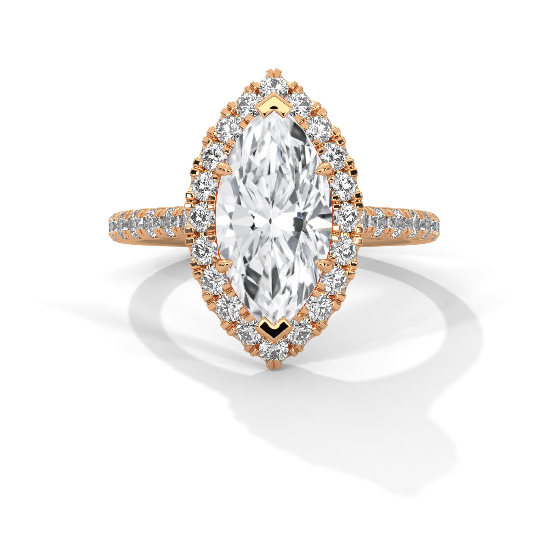 1–3 Carat Marquise Lab-Grown Diamond Solitaire Engagement Ring with Halo – Pave Band in 18K Gold