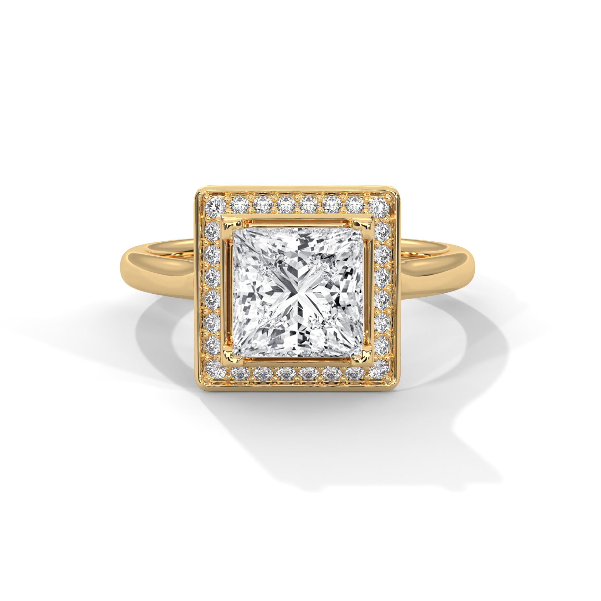 1–3 Carat Princess Lab Grown Diamond Halo Engagement Ring – Four Prong Setting with Plain Band in 18K Gold