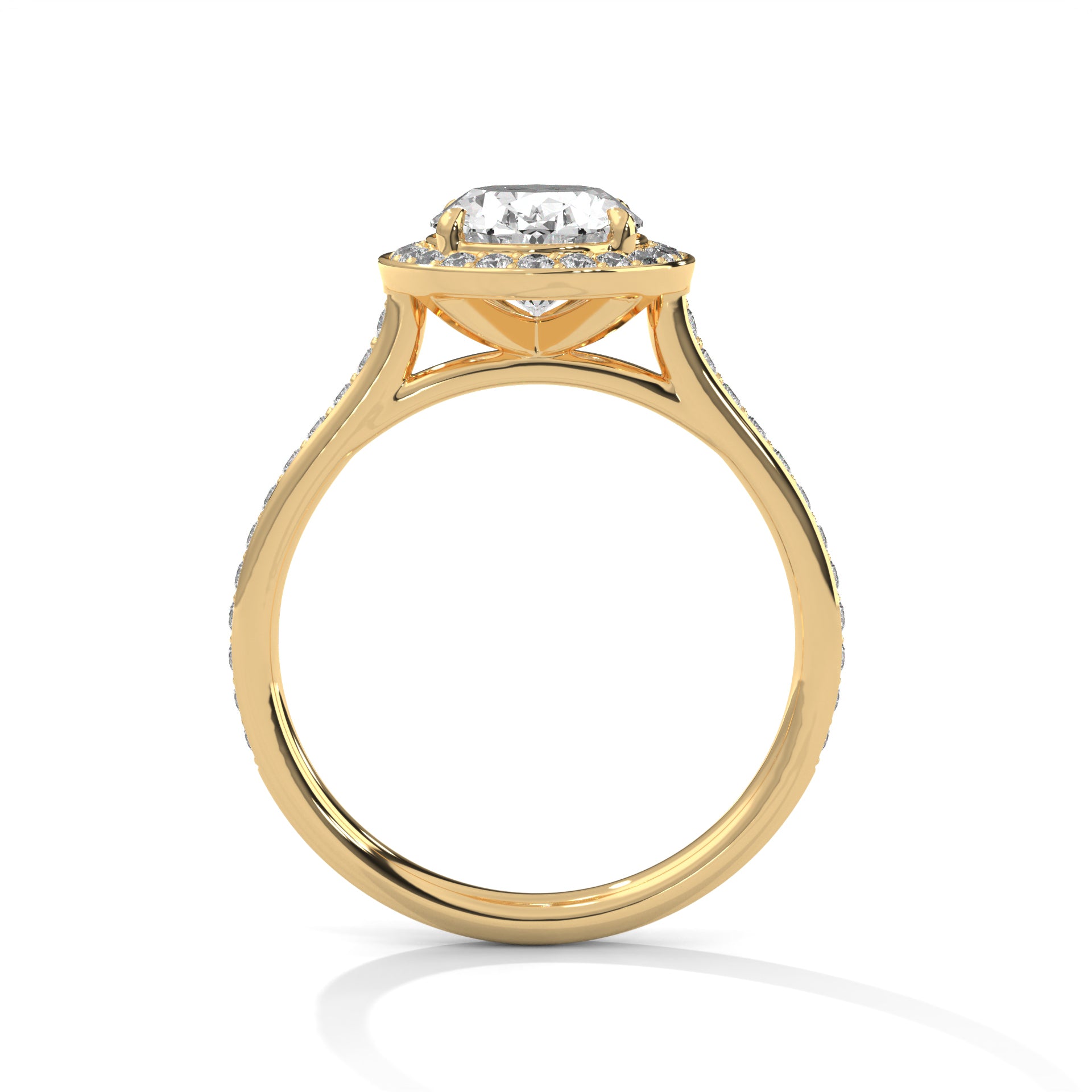 1–3 Carat Oval Lab Grown Diamond Solitaire Ring with Halo Diamonds & Pavé Band – Four Prong Setting in 18K Gold