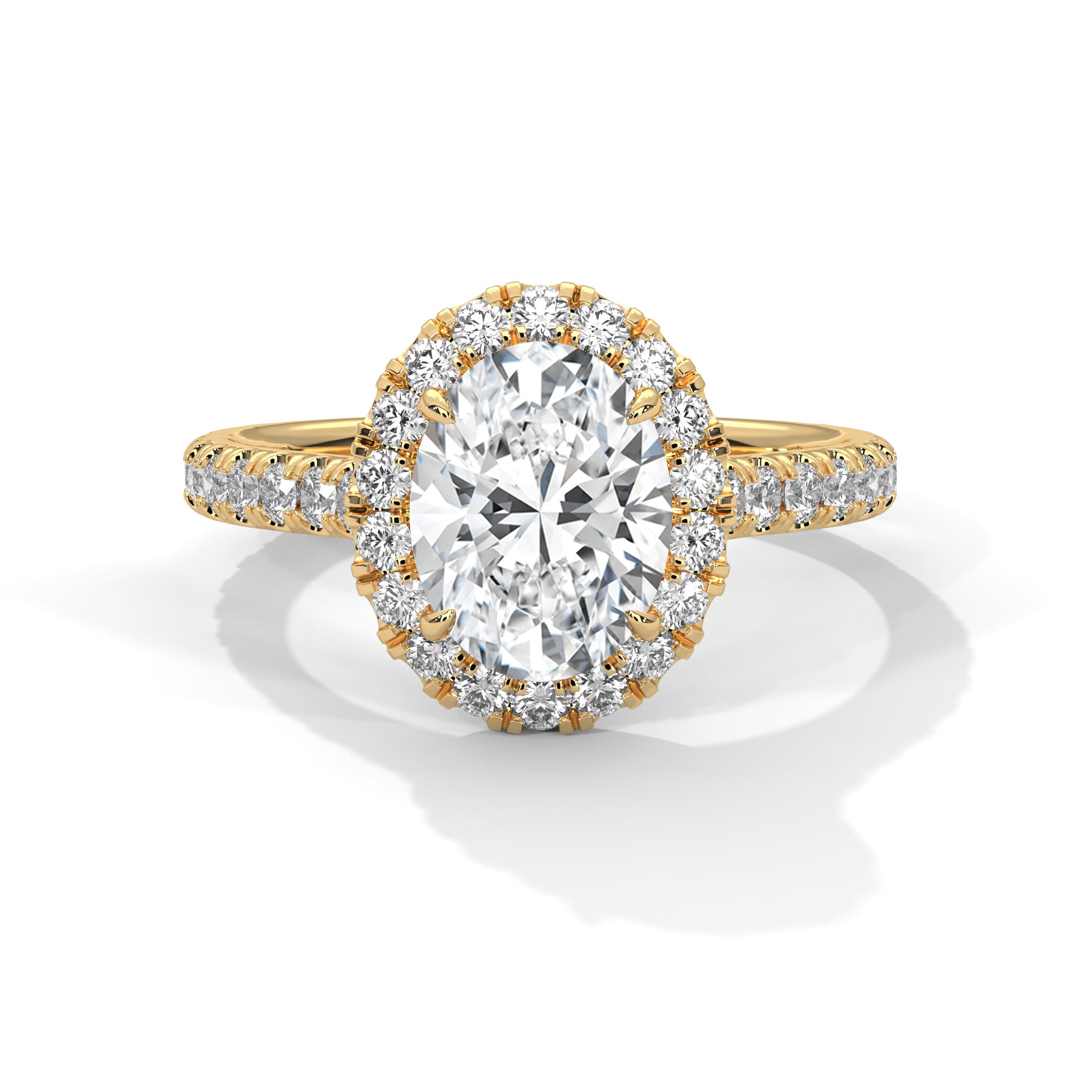 1–3 Carat Oval Lab Grown Diamond Solitaire Halo Engagement Ring – Pavé Band, 18K Gold