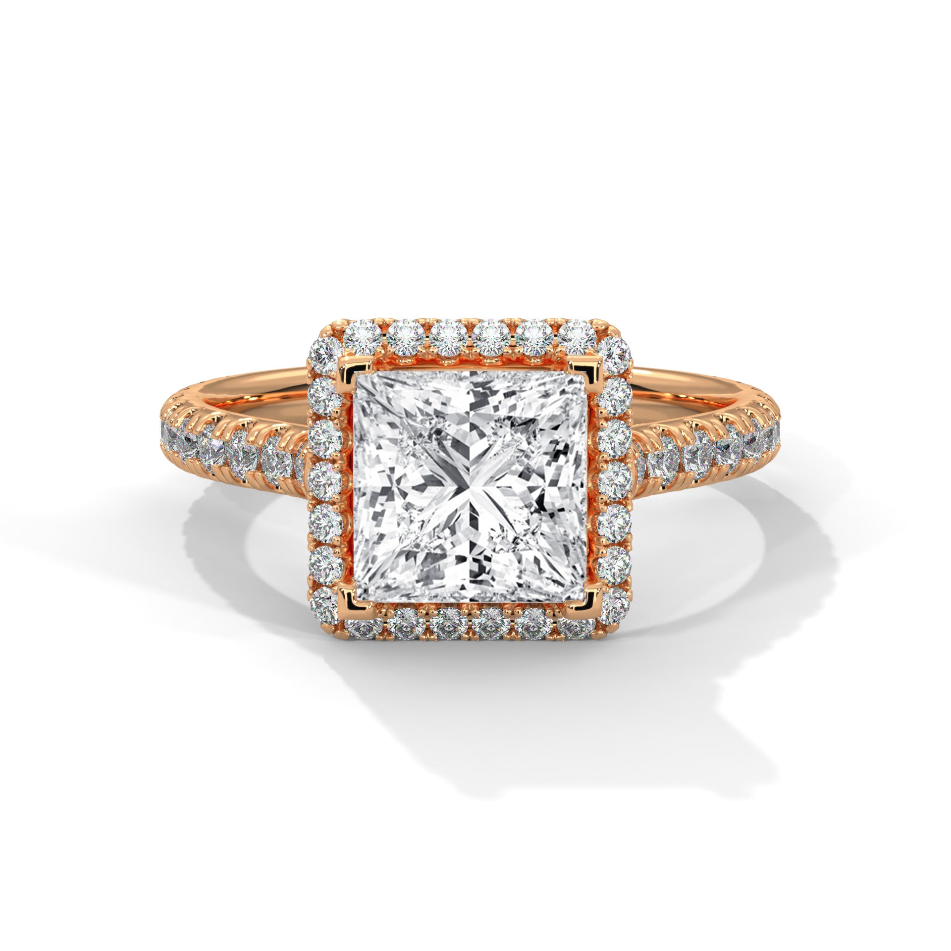 1–3 Carat Princess Lab-Grown Diamond Solitaire Engagement Ring with Halo – Pave Band – 18K Gold
