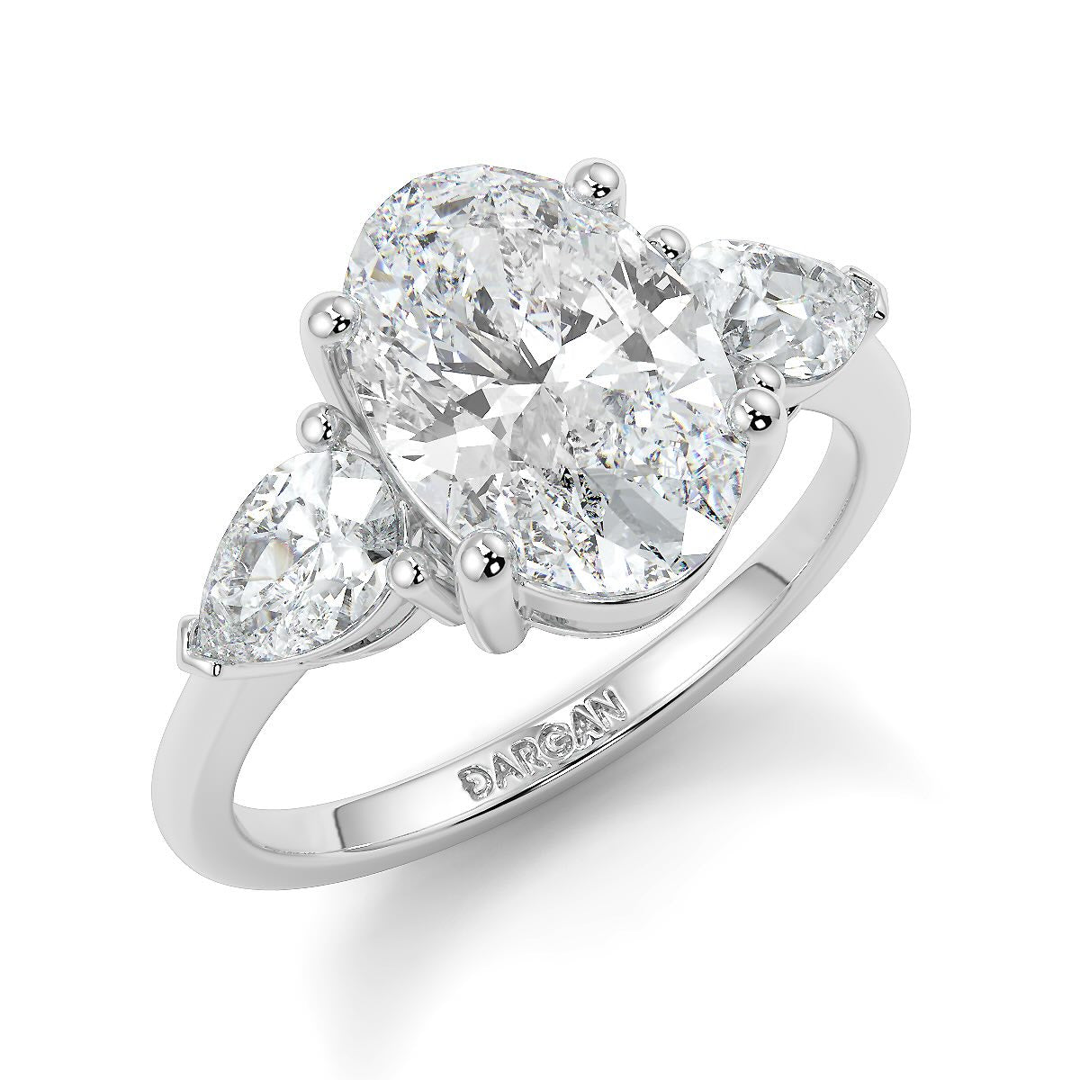 1–5 Carat Oval Cut Lab Grown Diamond Solitaire Trilogy Ring in 18K Gold | Pear Side Stones