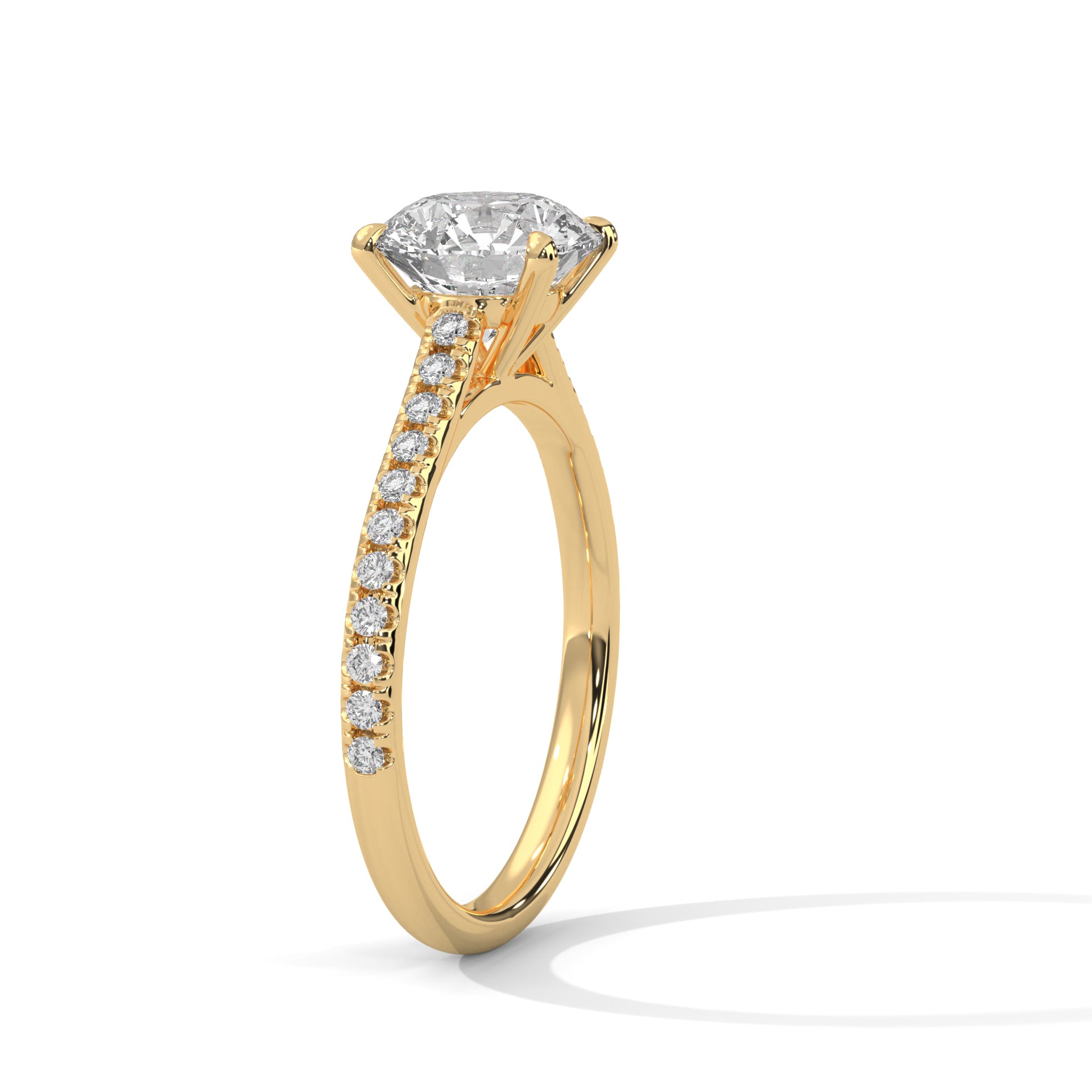 1–3 Carat Round Cut Lab Grown Diamond Solitaire – Four-Prong Pavé Band, 18K Gold