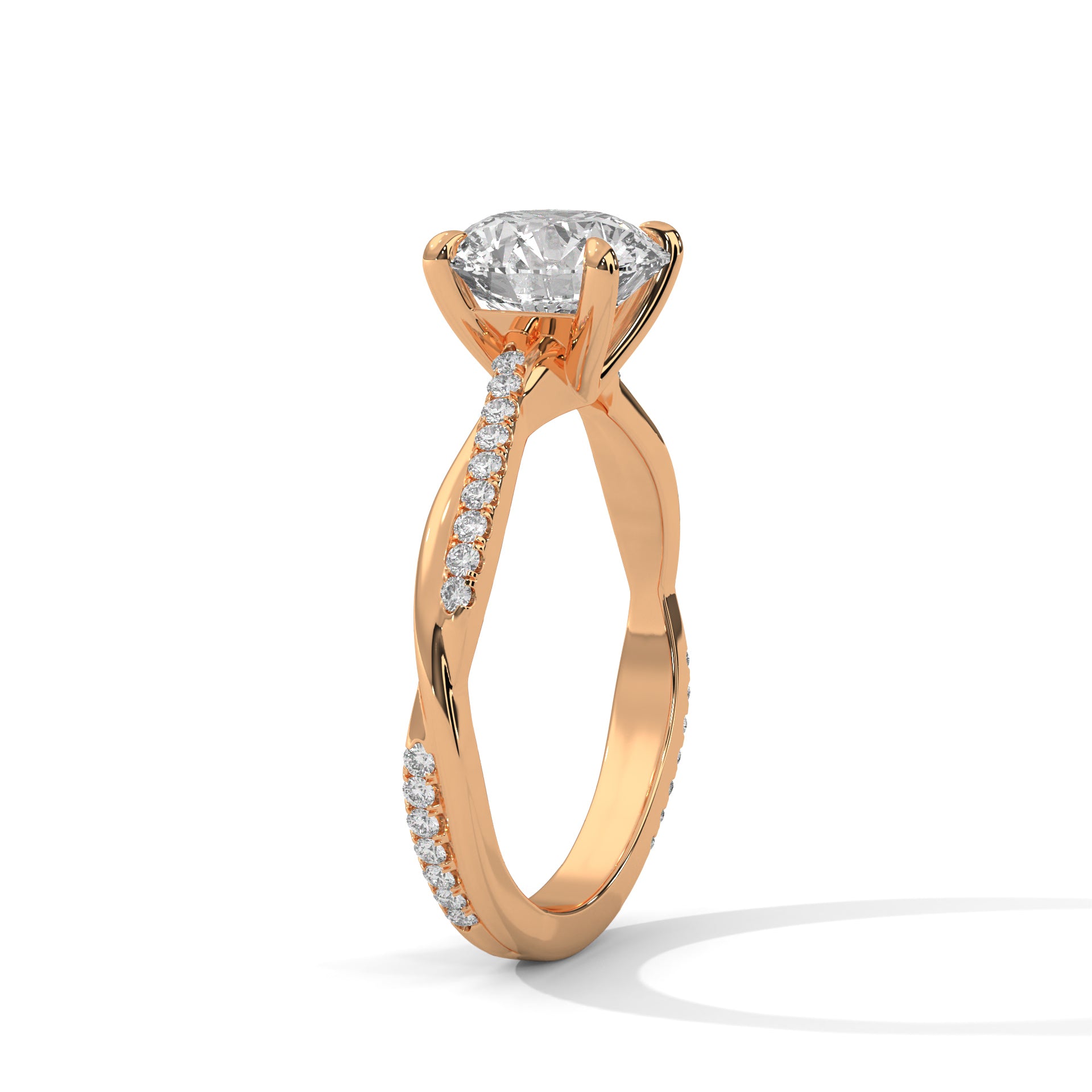 1–3 Carat Round Lab Grown Diamond Solitaire Twist Ring with Pavé Band – 18K White, Yellow or Rose Gold