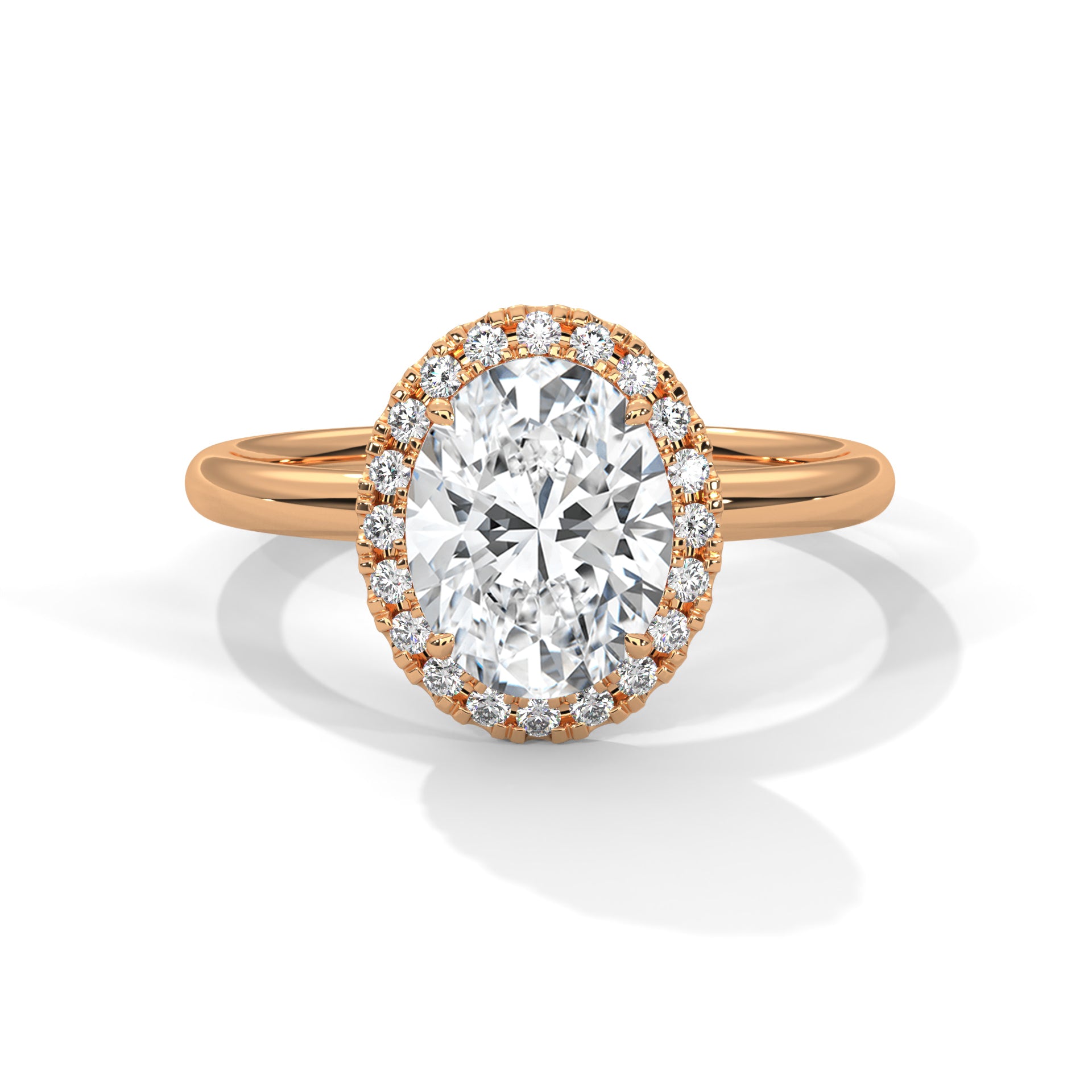 1–3 Carat Oval Cut Lab Grown Diamond Halo Engagement Ring – Four-Prong Setting, Plain Band in 18K Gold