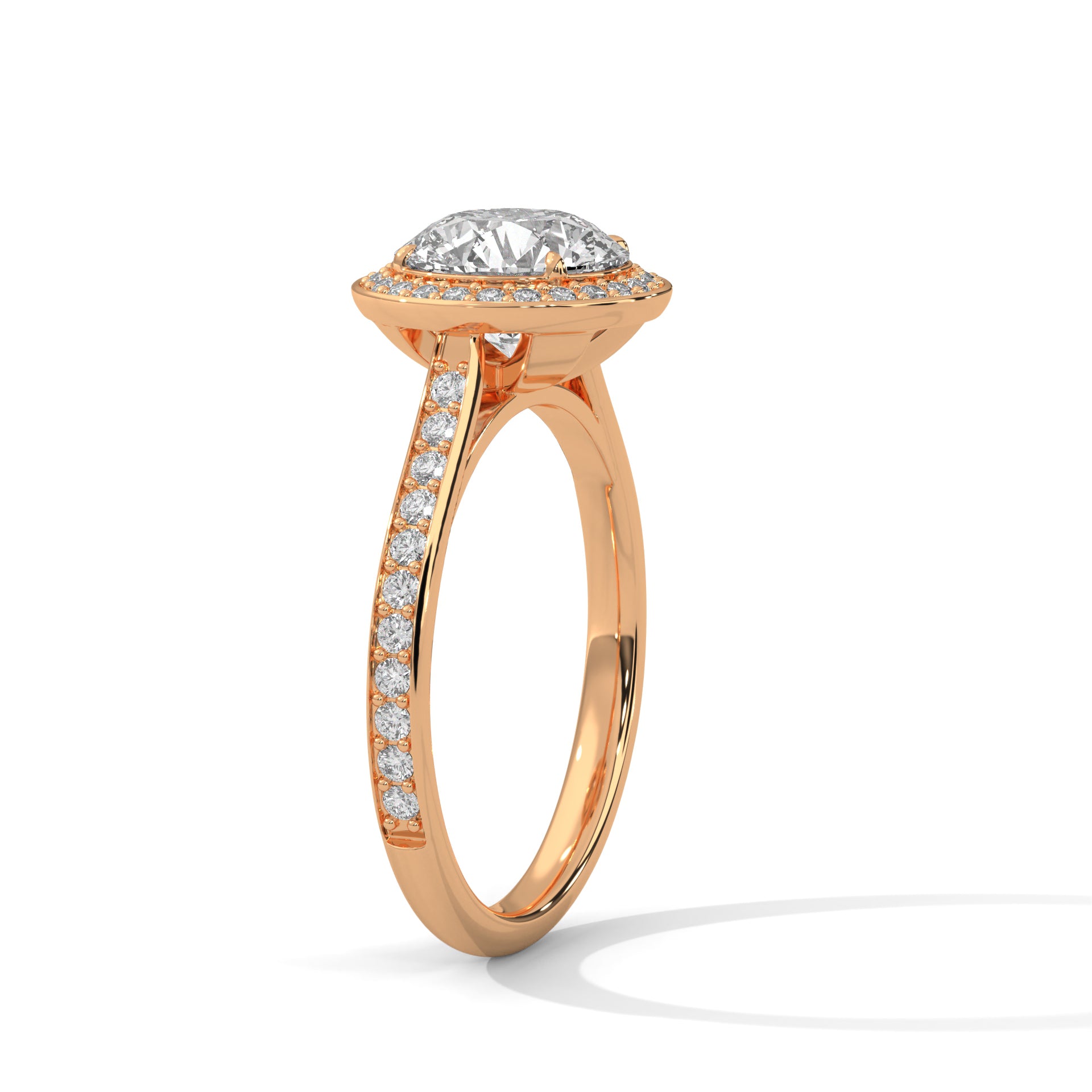 1–3 Carat Round Lab Grown Solitaire Diamond Halo Ring with Pave Band – Four Prong Setting in 18K Gold