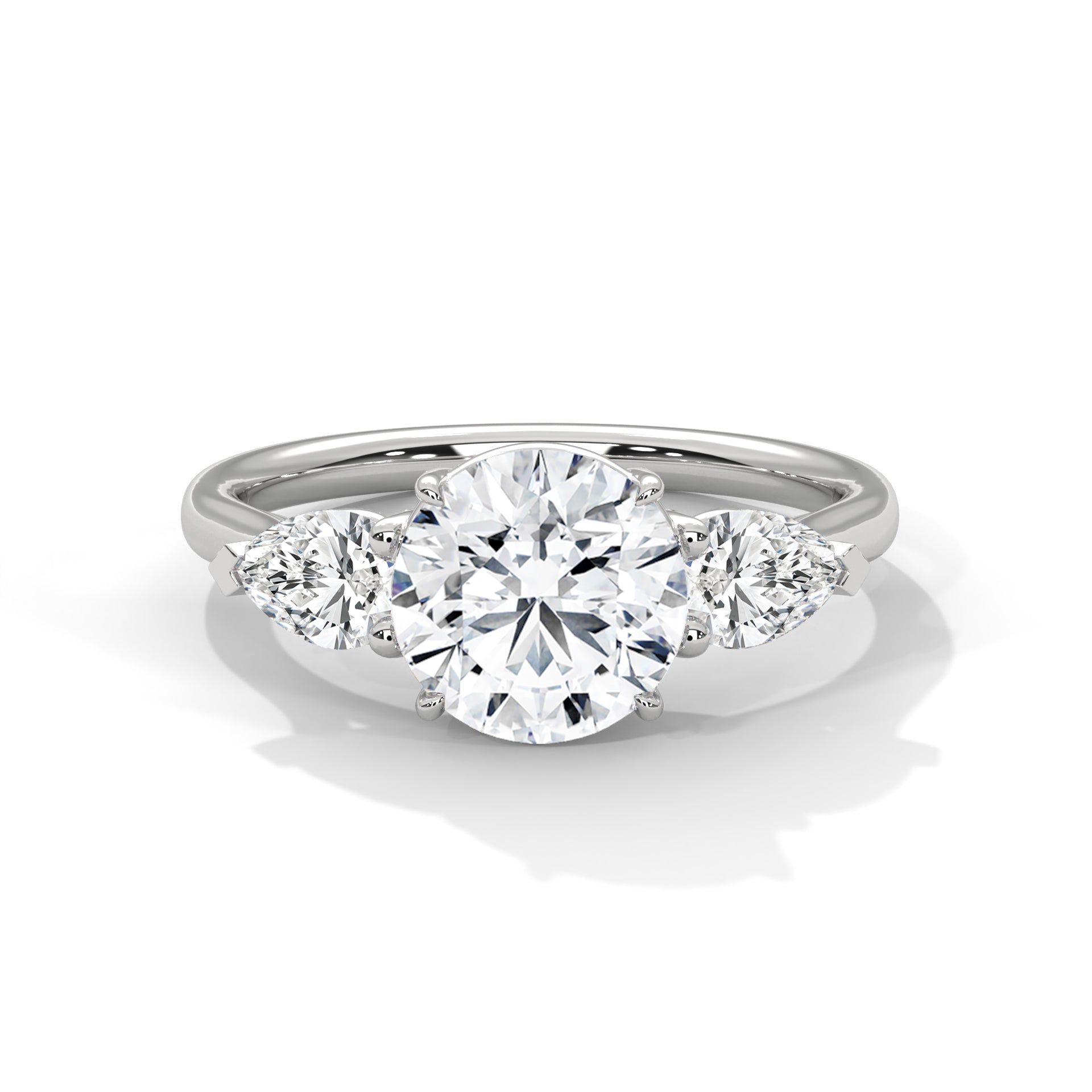 1–5 Carat Round Lab Grown Diamond Trilogy Ring with Pear Side Diamonds – 18K White, Yellow or Rose Gold