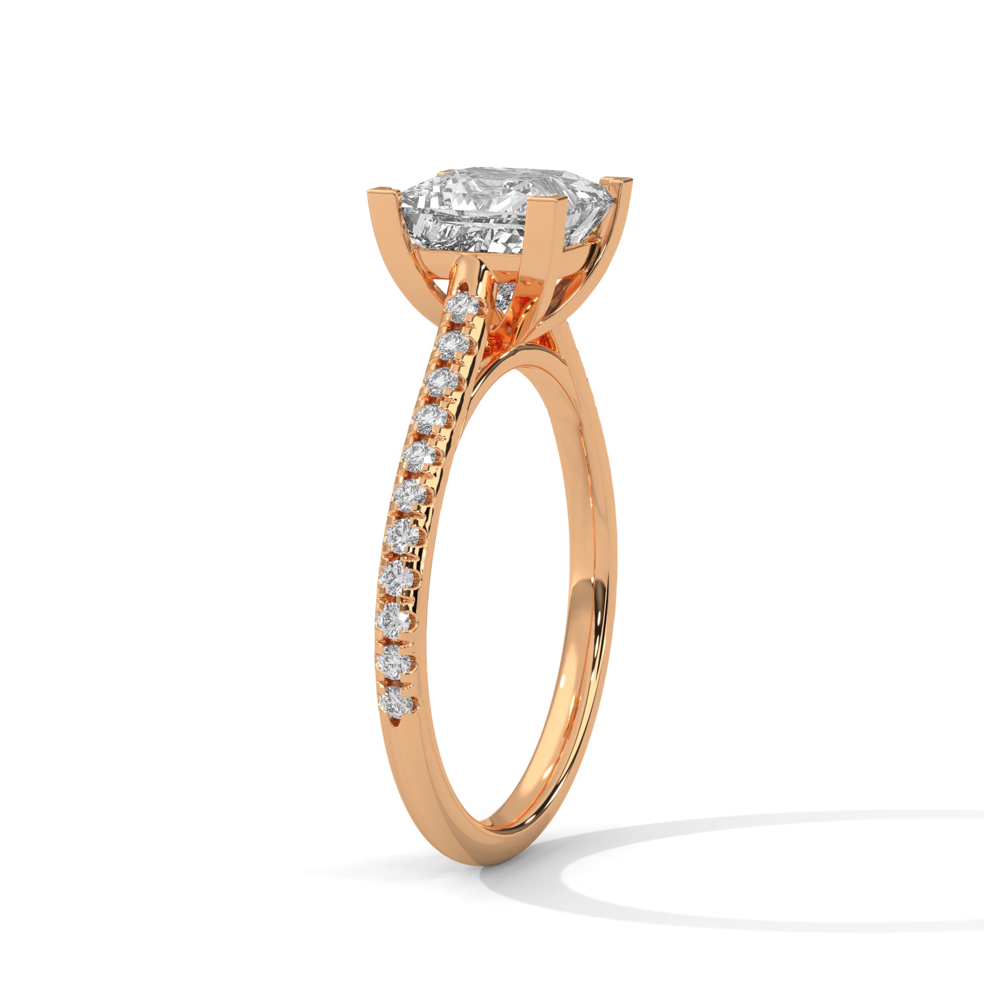 1–3 Carat Princess Lab Grown Diamond Solitaire Ring – Cathedral Pave Band Setting in 18K Gold