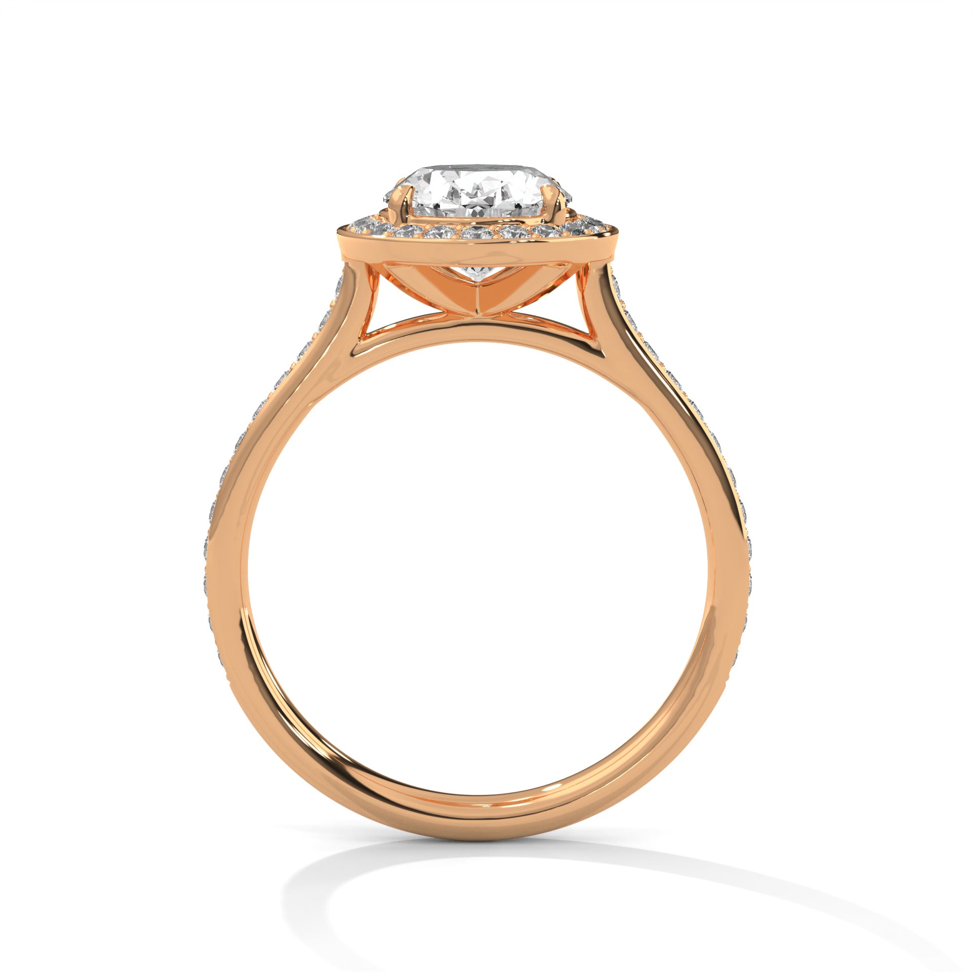 1–3 Carat Oval Lab Grown Diamond Solitaire Ring with Halo Diamonds & Pavé Band – Four Prong Setting in 18K Gold