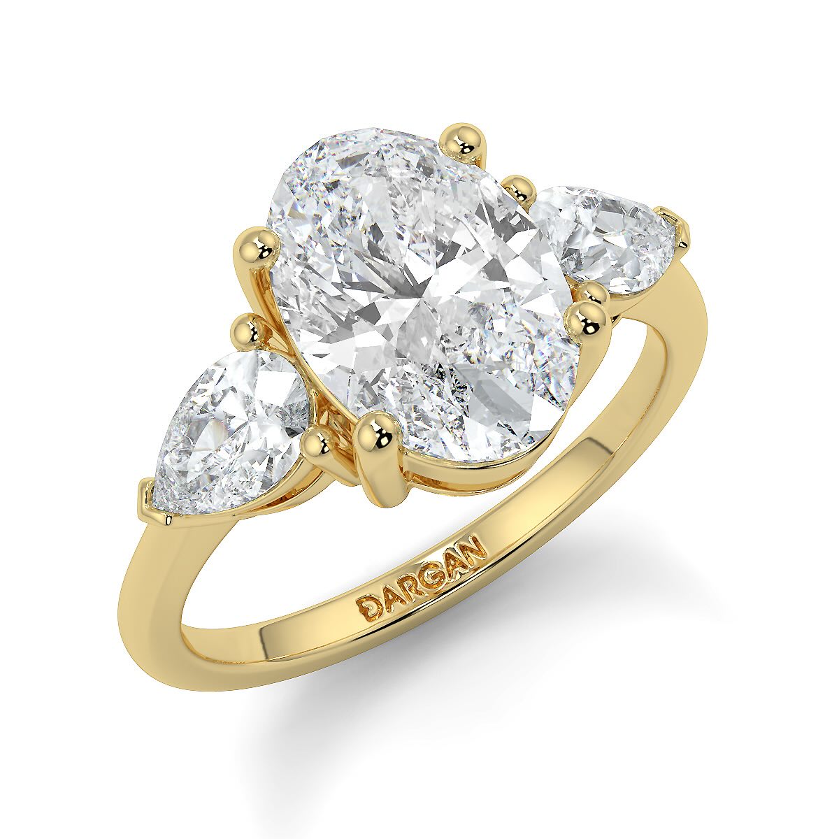 1–5 Carat Oval Cut Lab Grown Diamond Solitaire Trilogy Ring in 18K Gold | Pear Side Stones