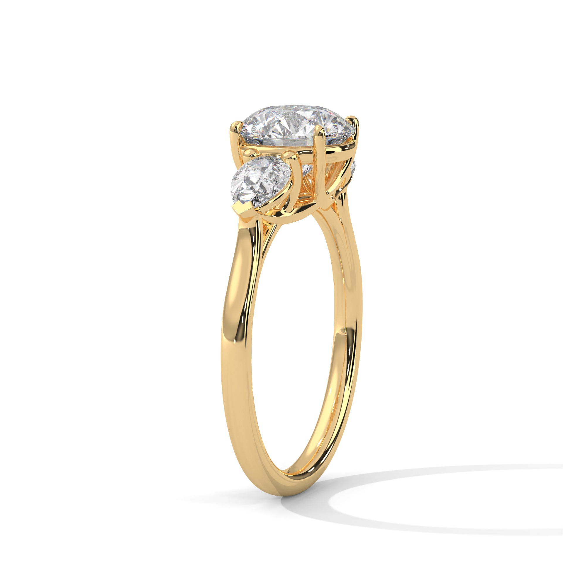 1–5 Carat Round Lab Grown Diamond Trilogy Ring with Pear Side Diamonds – 18K White, Yellow or Rose Gold