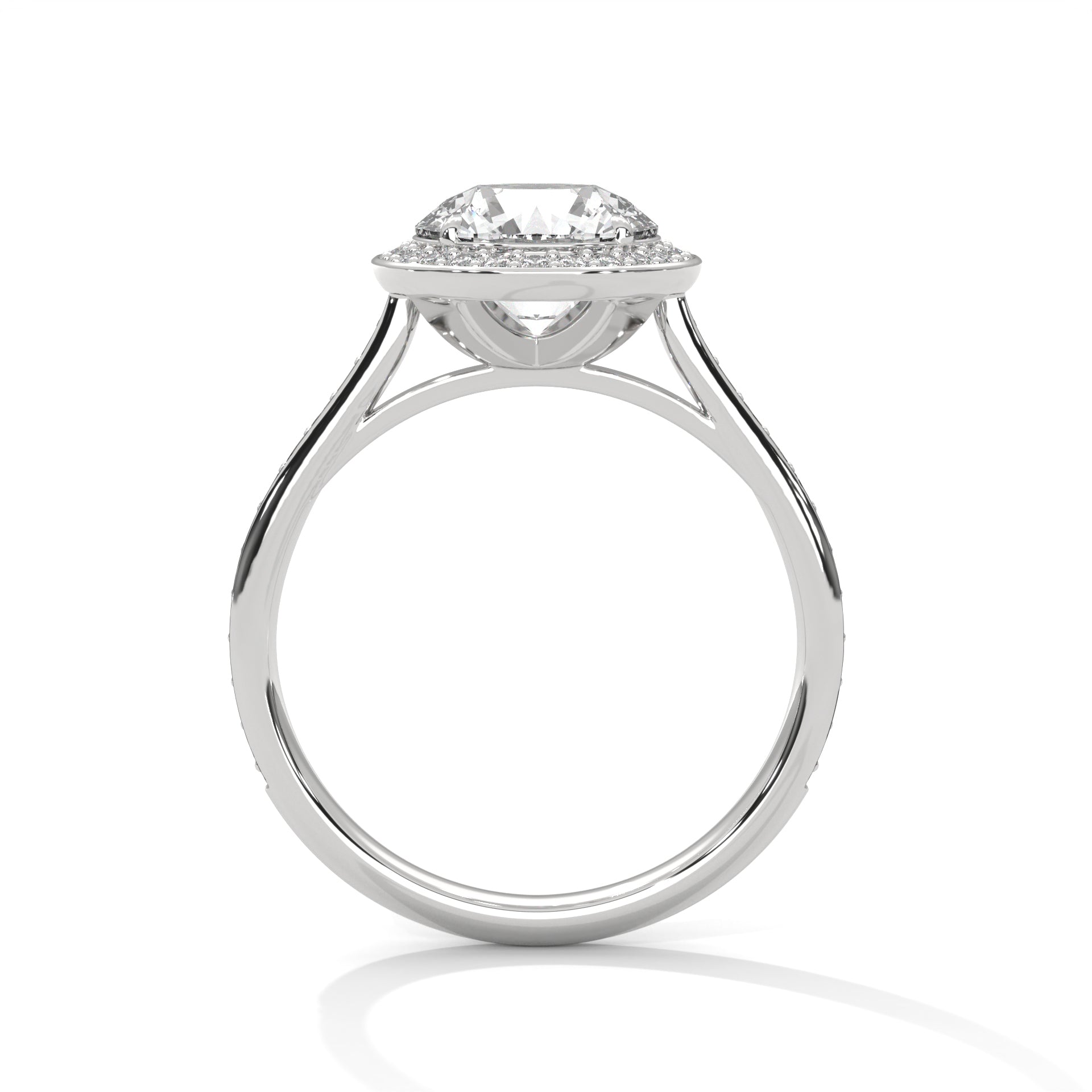 1–3 Carat Round Lab Grown Solitaire Diamond Halo Ring with Pave Band – Four Prong Setting in 18K Gold