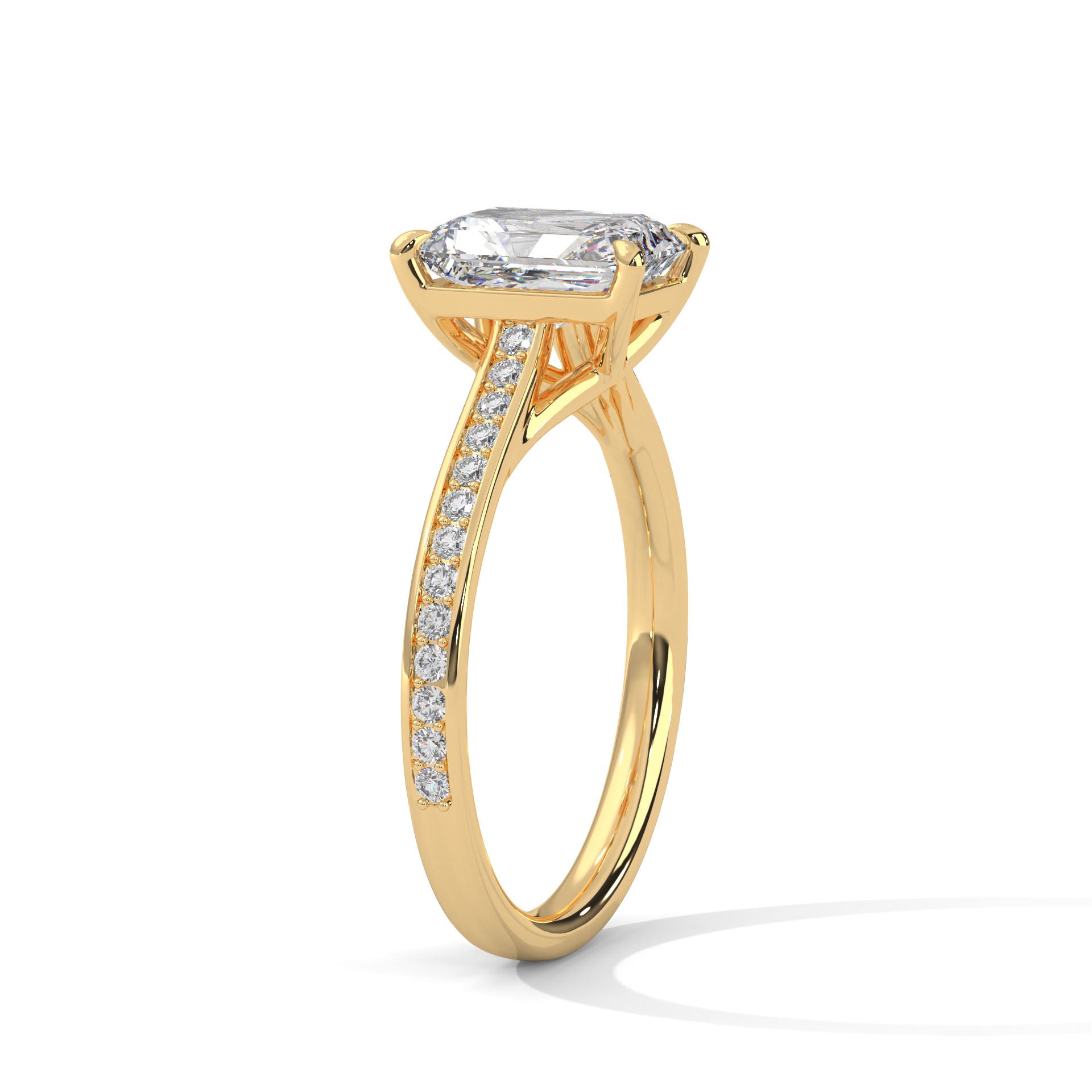 1–3 Carat Emerald Cut Lab Grown Diamond Solitaire Ring with Pavé Band – Four Prong Setting in 18K Gold
