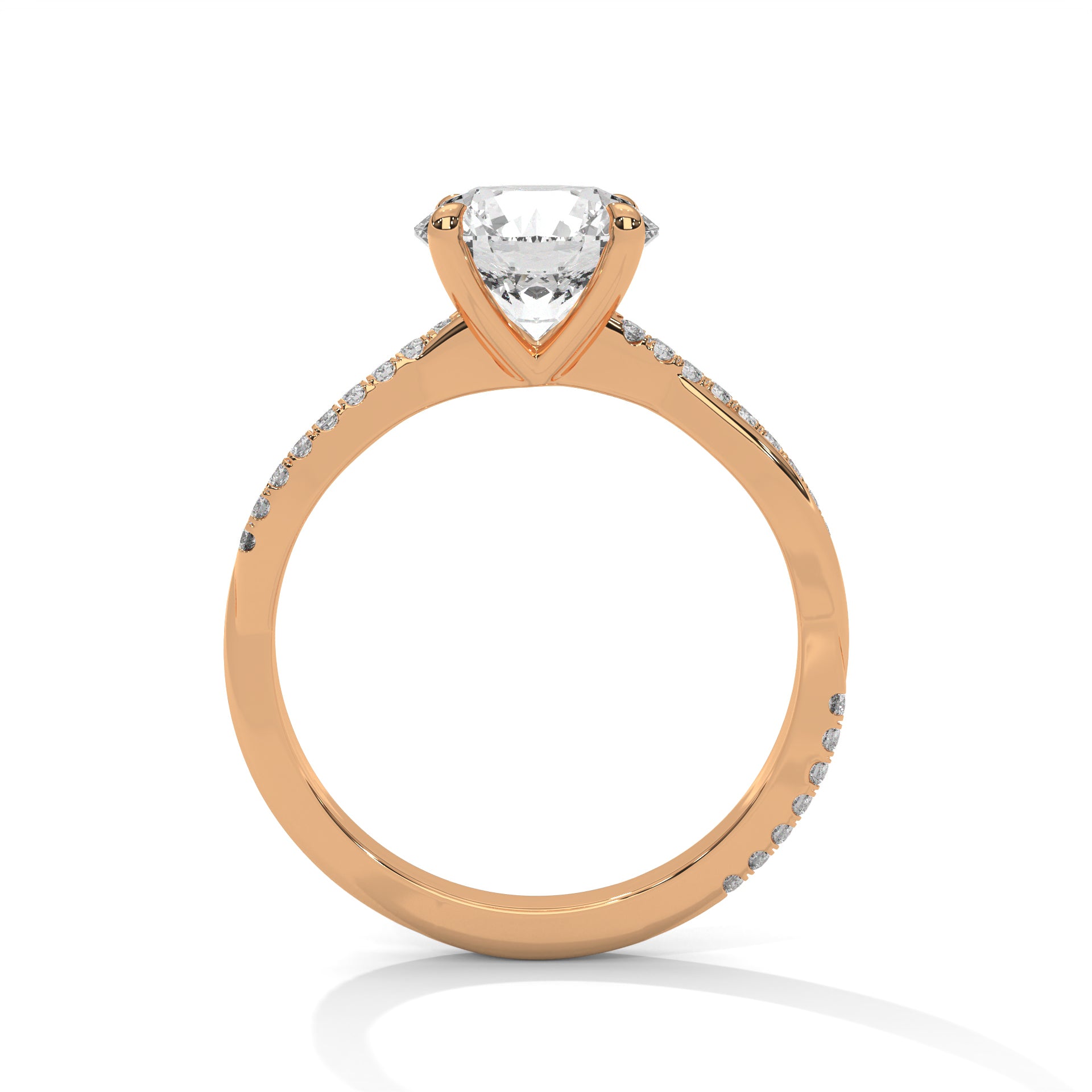 1–3 Carat Round Lab Grown Diamond Solitaire Twist Ring with Pavé Band – 18K White, Yellow or Rose Gold