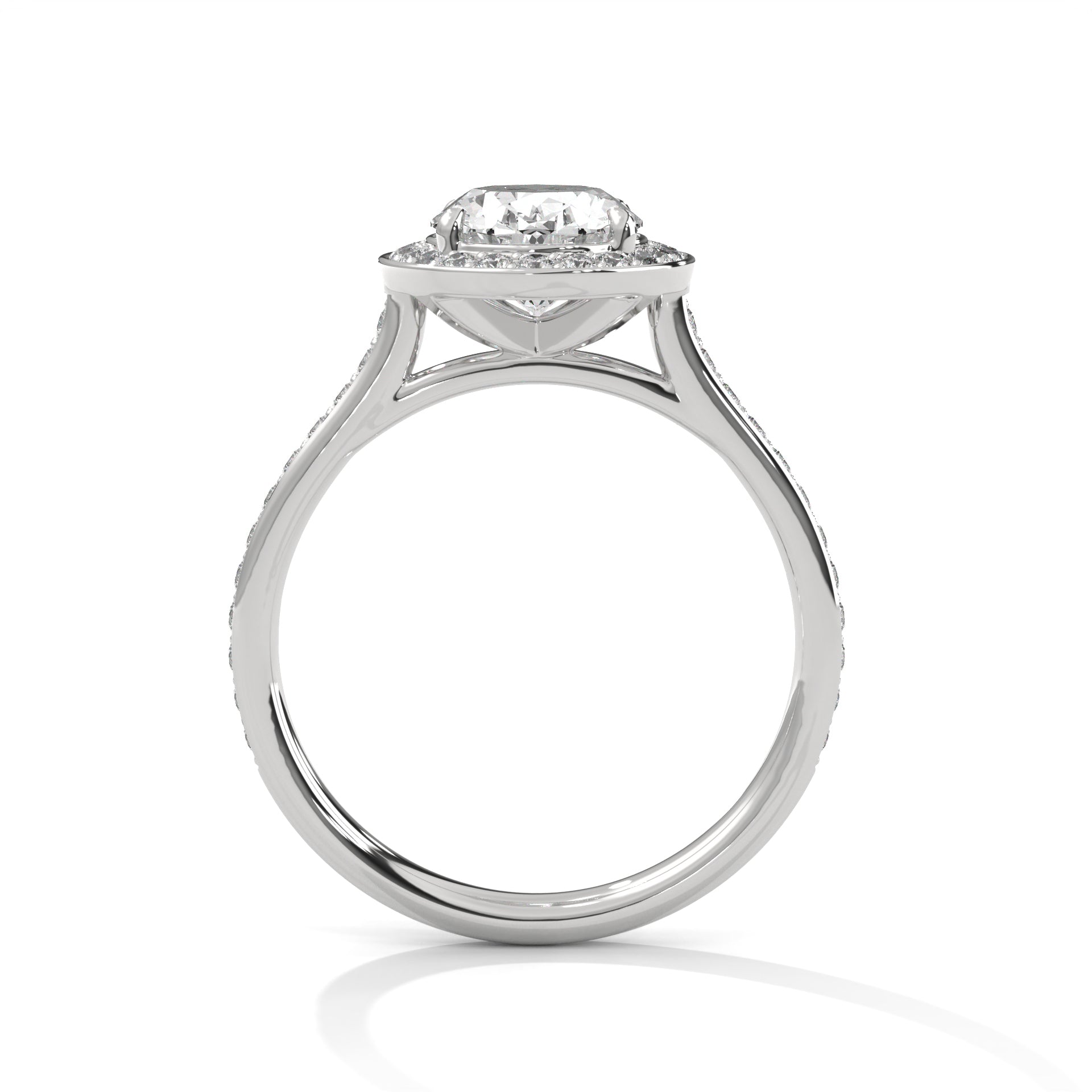 1–3 Carat Oval Lab Grown Diamond Solitaire Ring with Halo Diamonds & Pavé Band – Four Prong Setting in 18K Gold