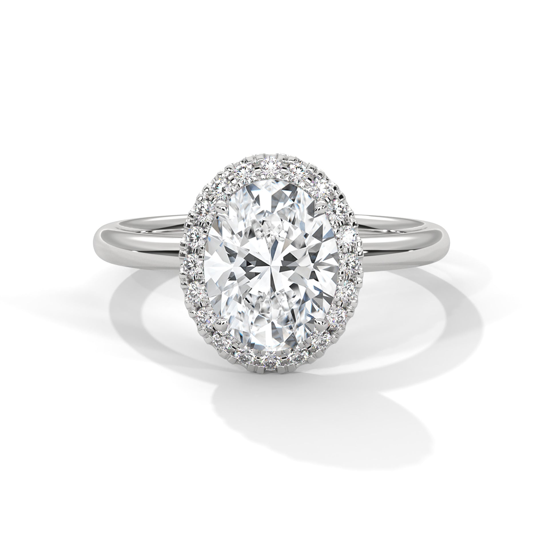 1–3 Carat Oval Cut Lab Grown Diamond Halo Engagement Ring – Four-Prong Setting, Plain Band in 18K Gold
