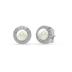 5mm Pearl & Lab-Grown Diamond Halo Stud Earrings in 18K White, Yellow & Rose Gold