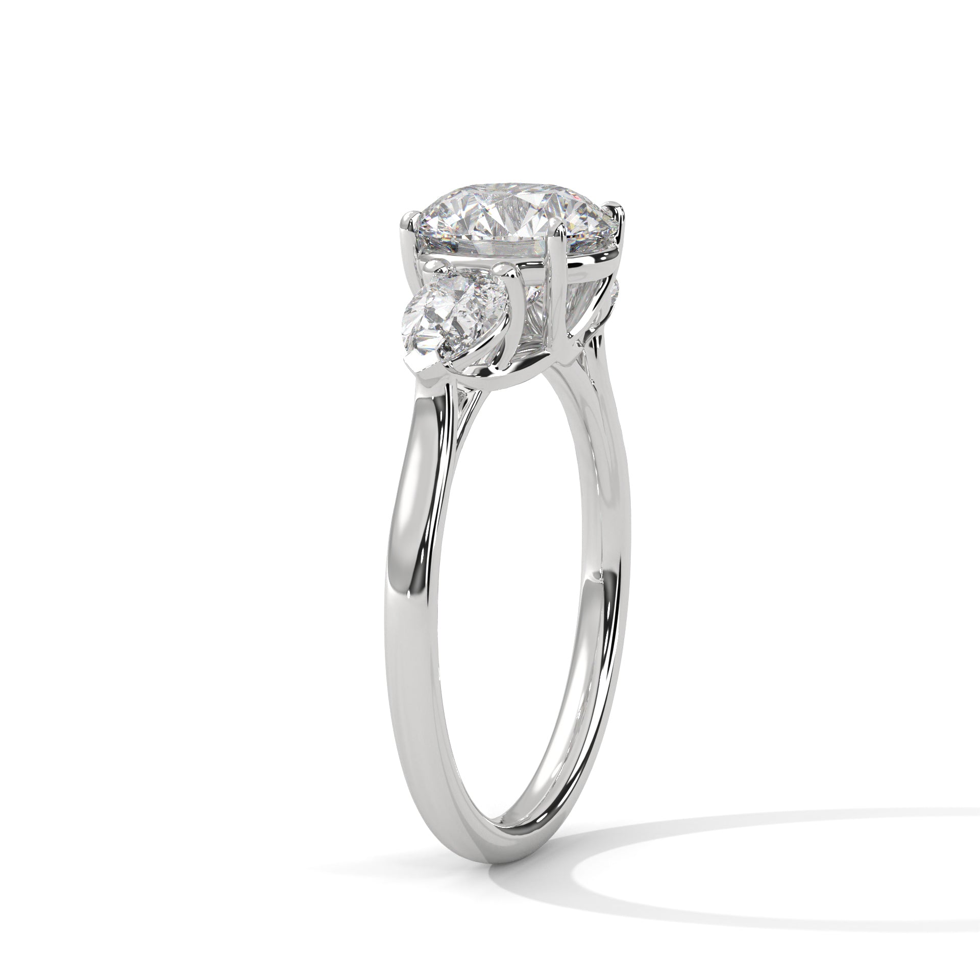 1–5 Carat Round Lab Grown Diamond Trilogy Ring with Pear Side Diamonds – 18K White, Yellow or Rose Gold