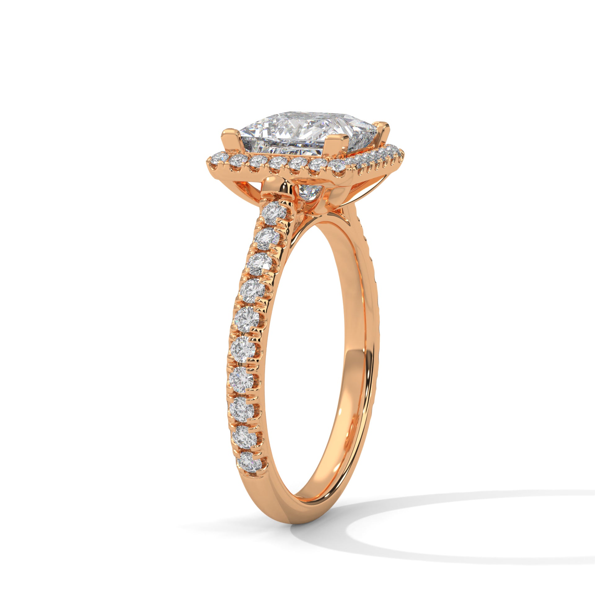 1–3 Carat Princess Lab-Grown Diamond Solitaire Engagement Ring with Halo – Pave Band – 18K Gold