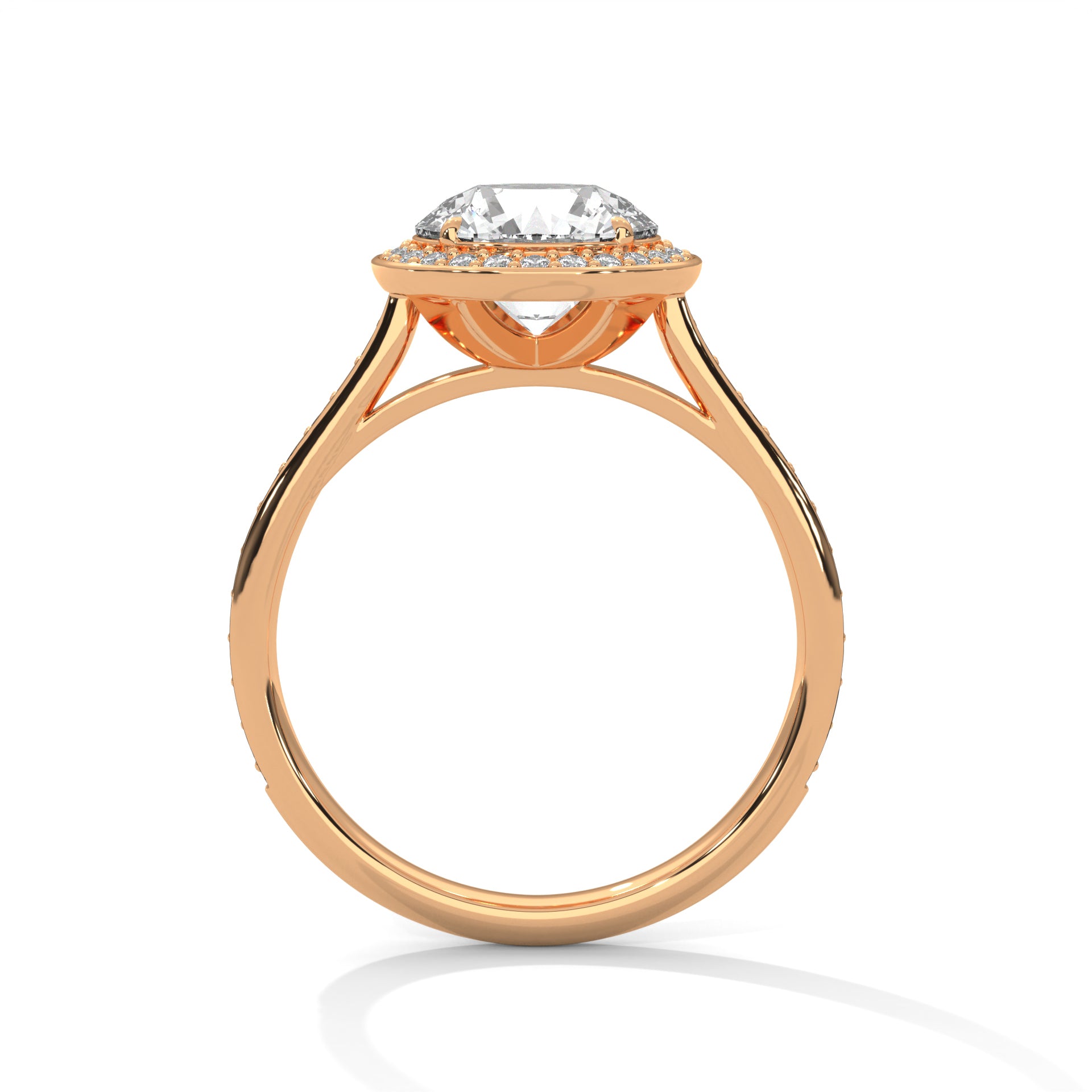 1–3 Carat Round Lab Grown Solitaire Diamond Halo Ring with Pave Band – Four Prong Setting in 18K Gold