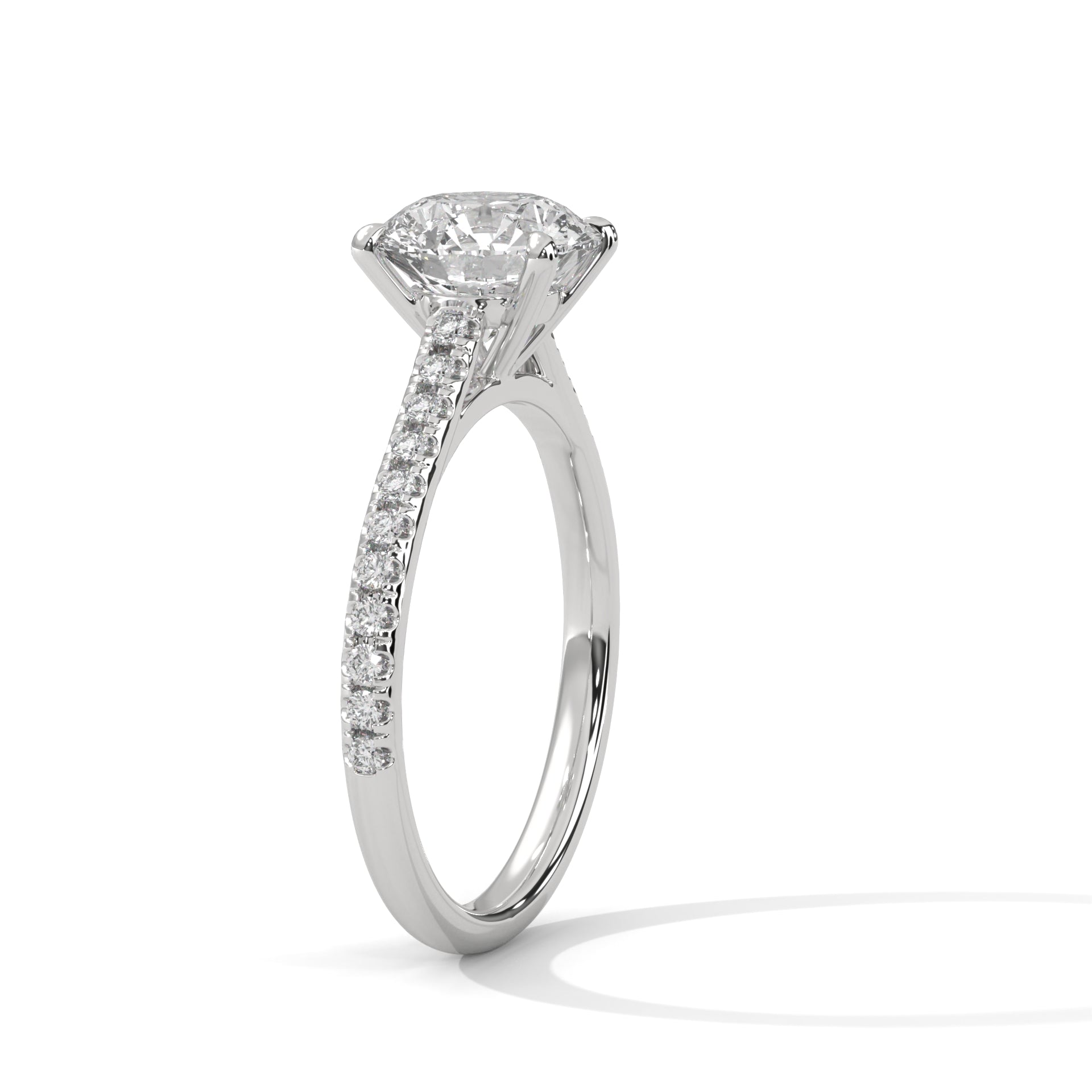 1–3 Carat Round Cut Lab Grown Diamond Solitaire – Four-Prong Pavé Band, 18K Gold