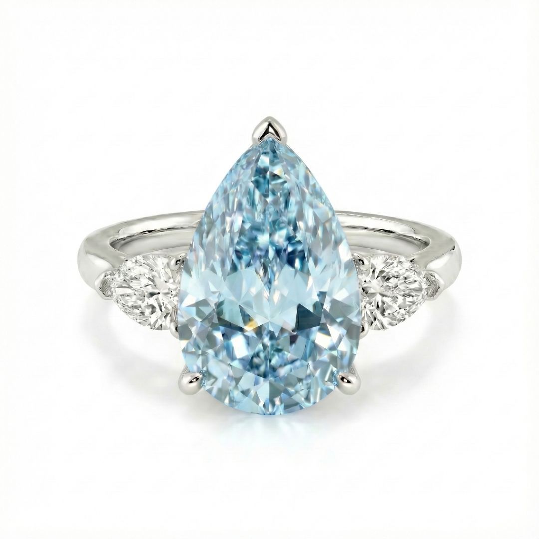 7CT Fancy Vivid Blue Lab Grown Diamond Ring with 0.50CT Each Pear Side Diamonds | Luxury Engagement Ring