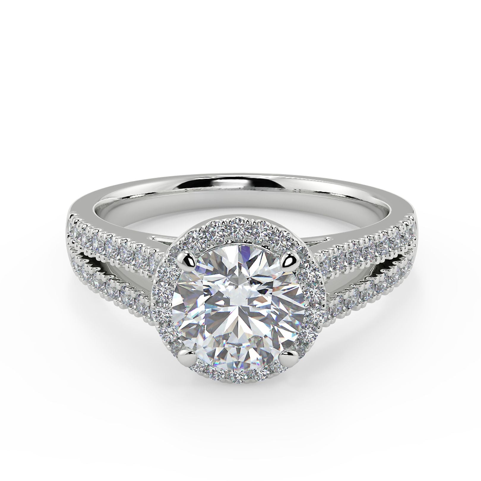 1–2 Carat Round Lab Grown Diamond Solitaire Halo Ring | Split Shank Pavé Band | IGI Certified | 18K White Gold