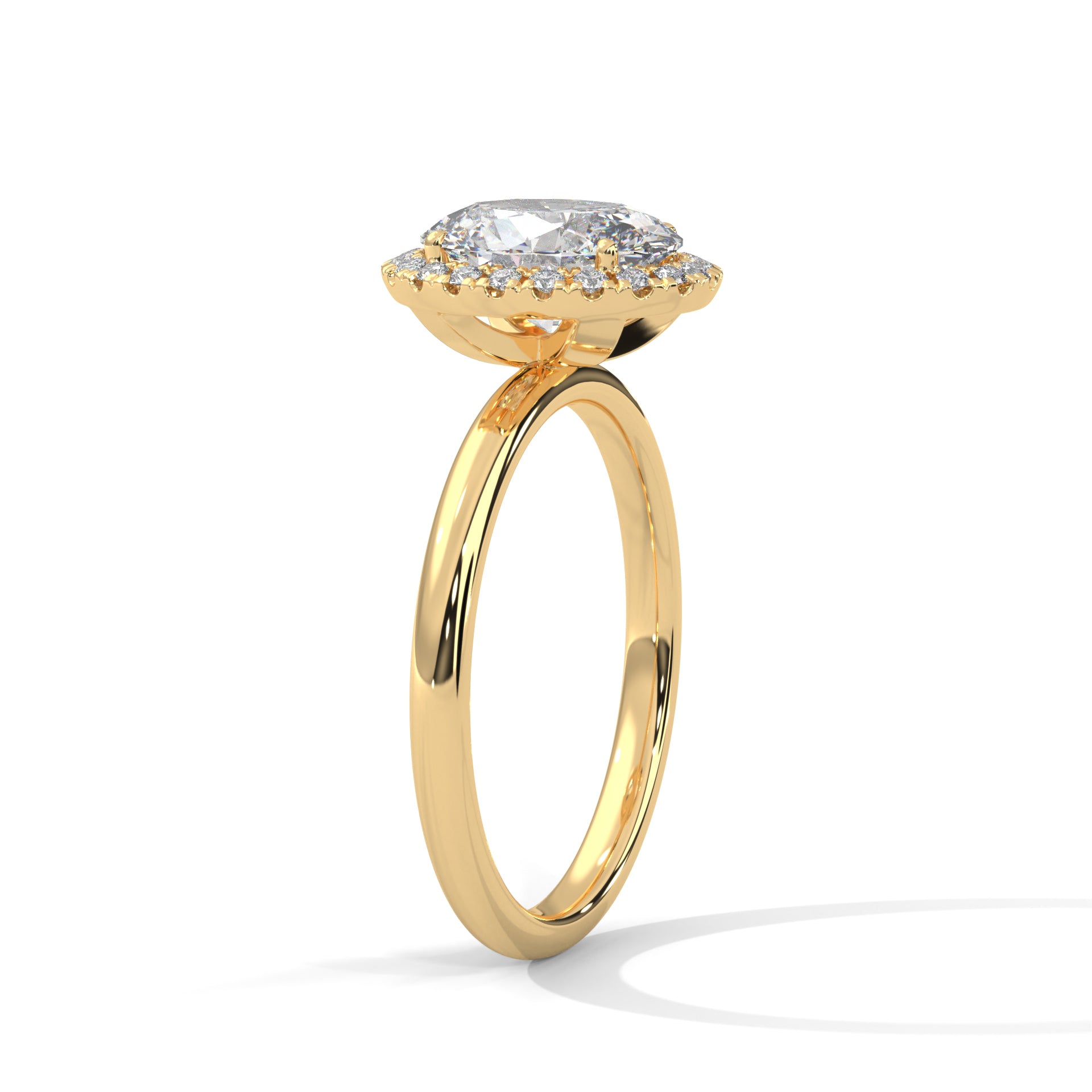 1–3 Carat Oval Cut Lab Grown Diamond Halo Engagement Ring – Four-Prong Setting, Plain Band in 18K Gold