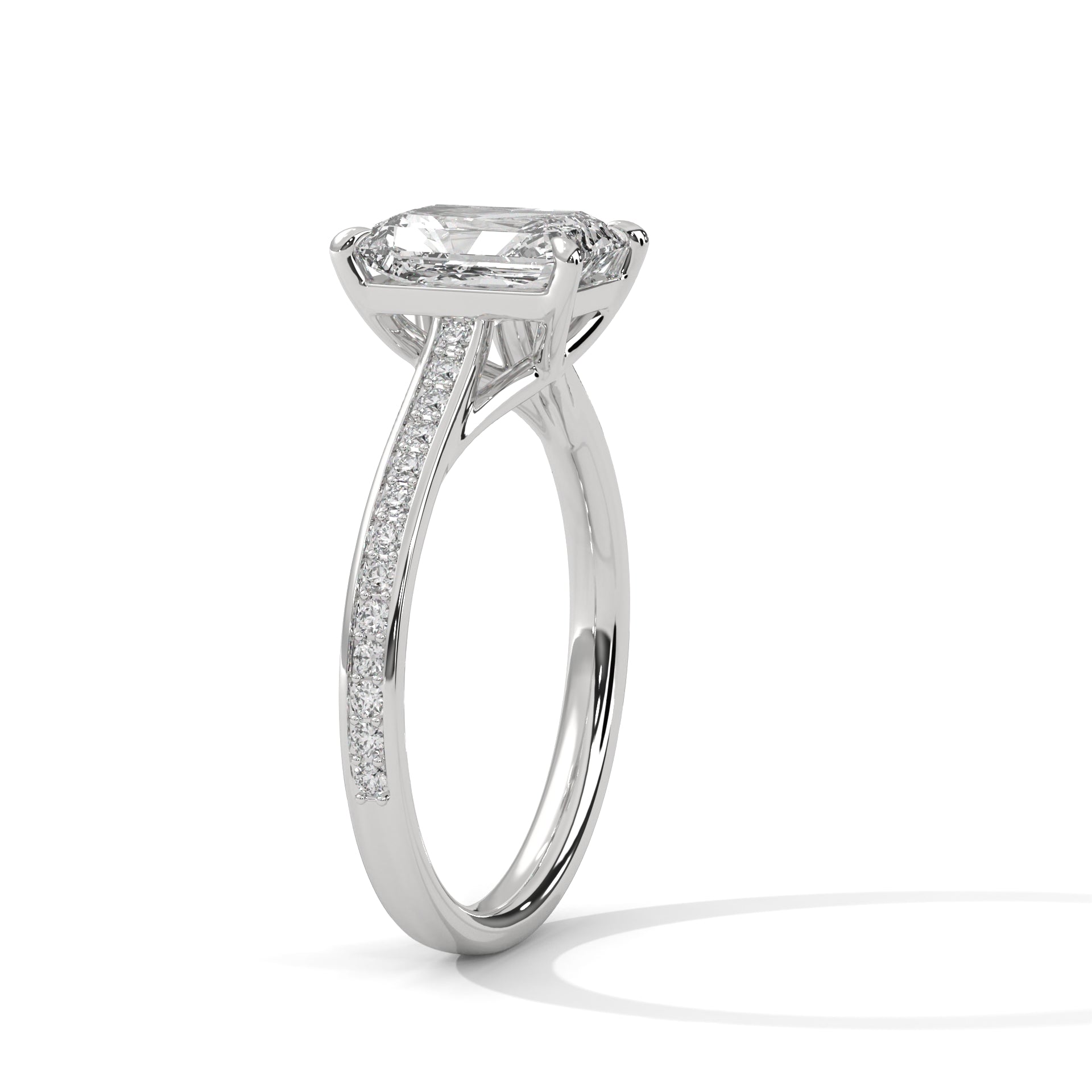 1–3 Carat Emerald Cut Lab Grown Diamond Solitaire Ring with Pavé Band – Four Prong Setting in 18K Gold