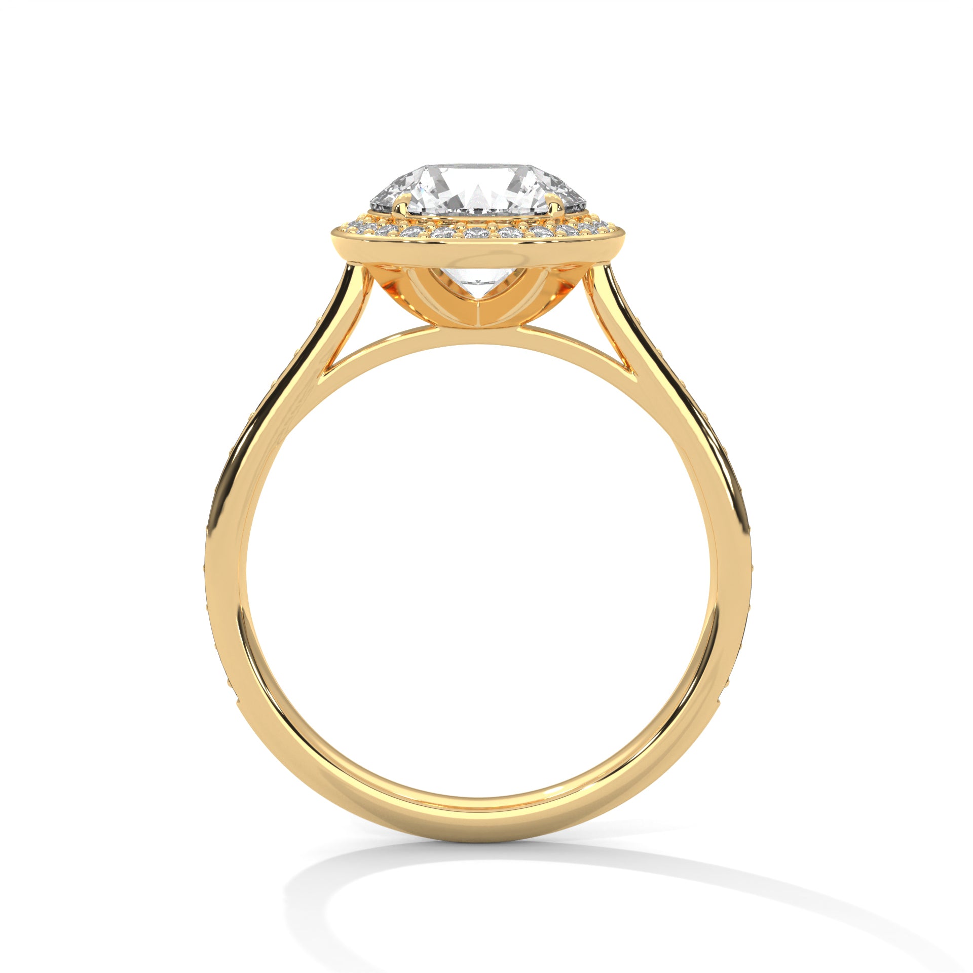 1–3 Carat Round Lab Grown Solitaire Diamond Halo Ring with Pave Band – Four Prong Setting in 18K Gold