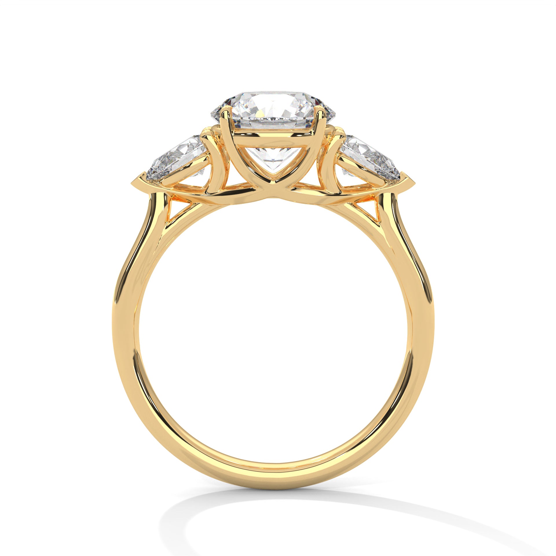 1–5 Carat Round Lab Grown Diamond Trilogy Ring with Pear Side Diamonds – 18K White, Yellow or Rose Gold