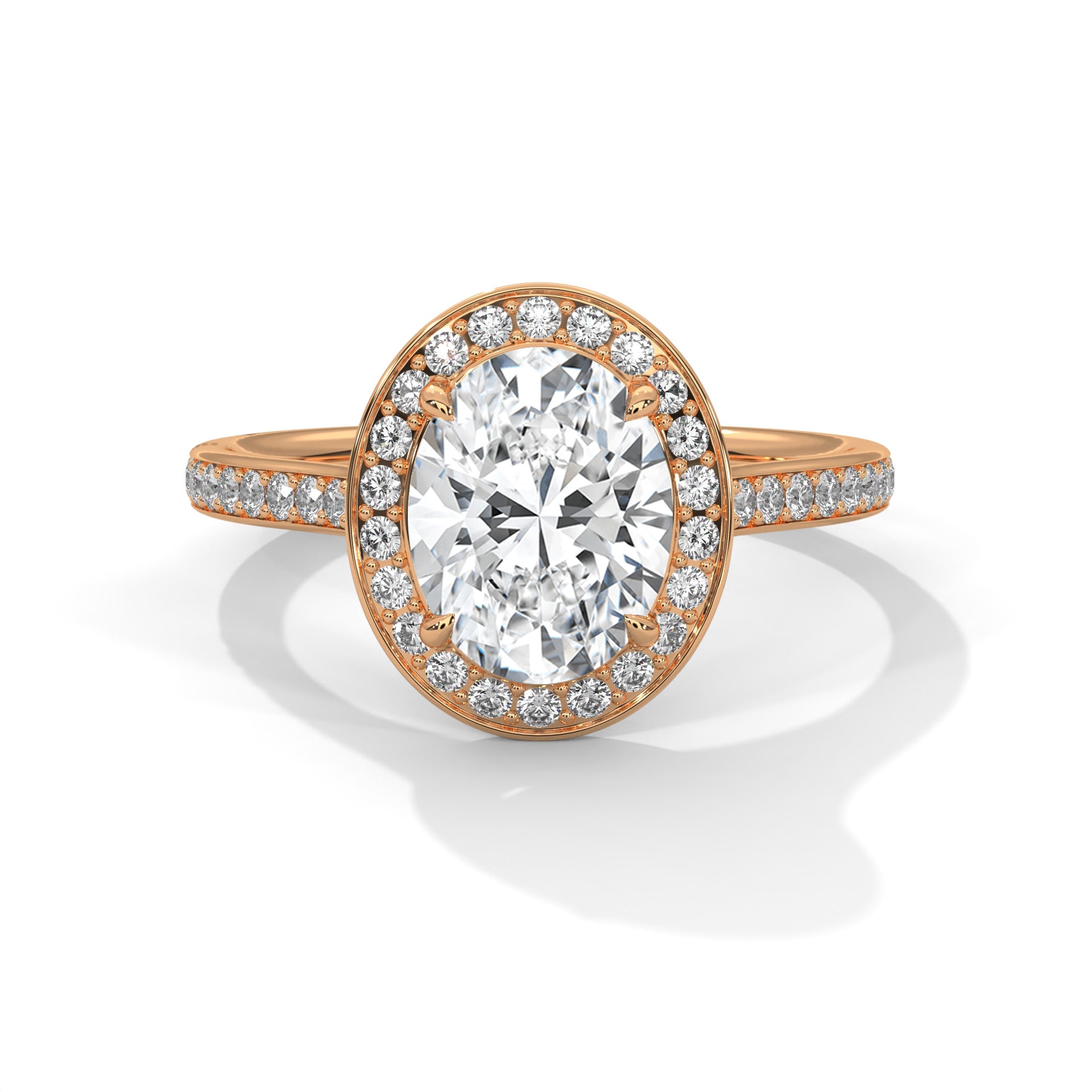 1–3 Carat Oval Lab Grown Diamond Solitaire Ring with Halo Diamonds & Pavé Band – Four Prong Setting in 18K Gold
