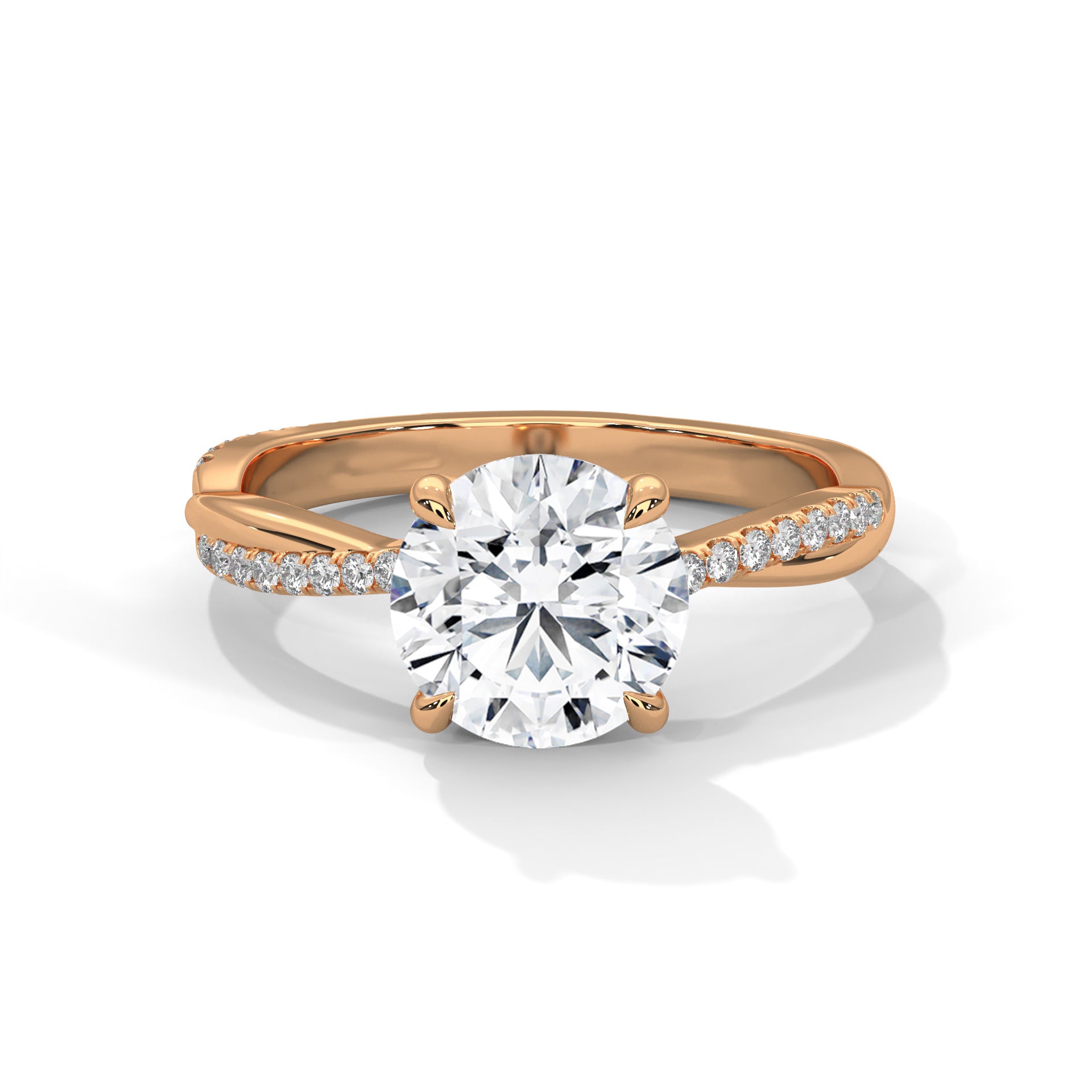 1–3 Carat Round Lab Grown Diamond Solitaire Twist Ring with Pavé Band – 18K White, Yellow or Rose Gold