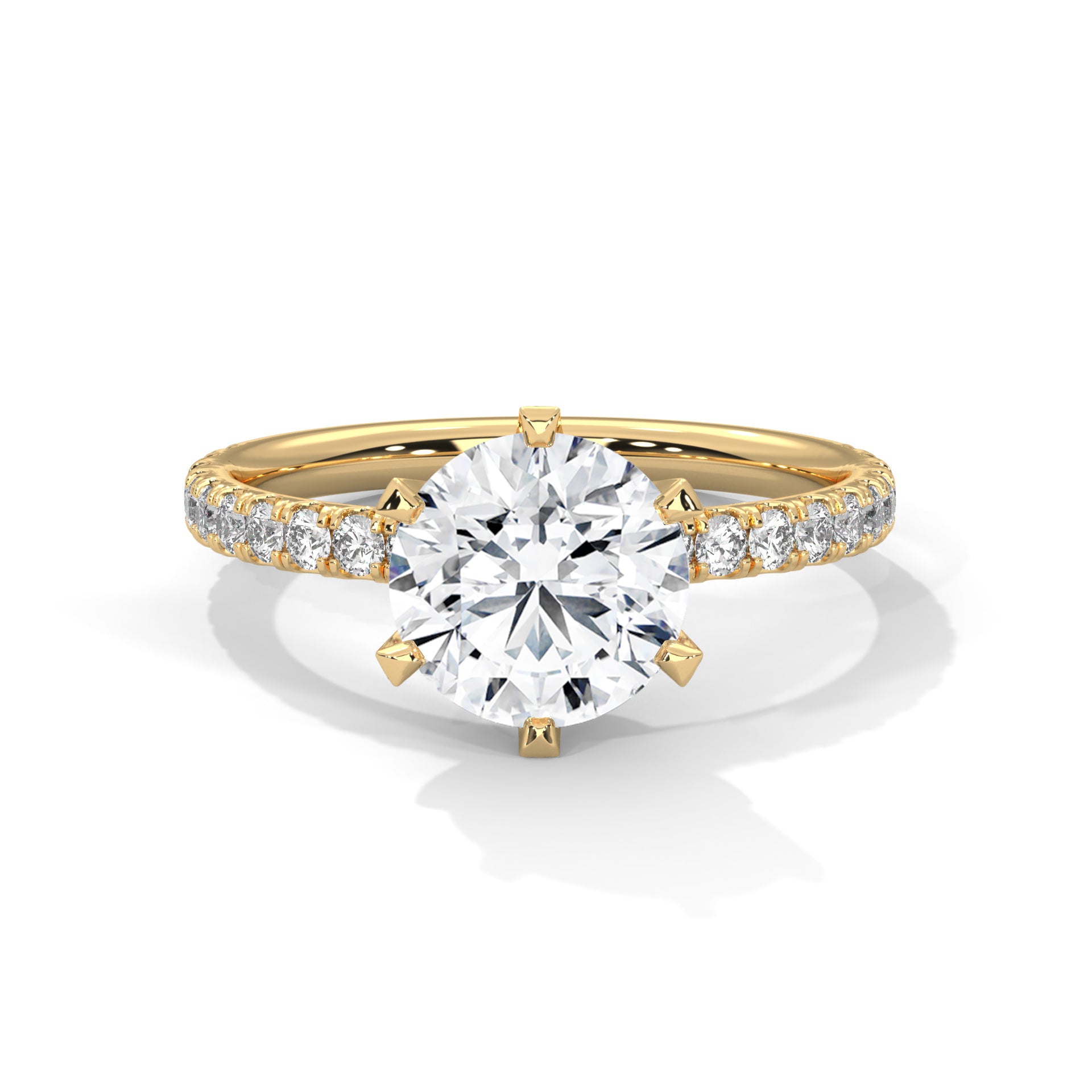 1–3 Ct Round Lab-Grown Diamond Solitaire Ring – Six Prong Pave Band, 18K Gold