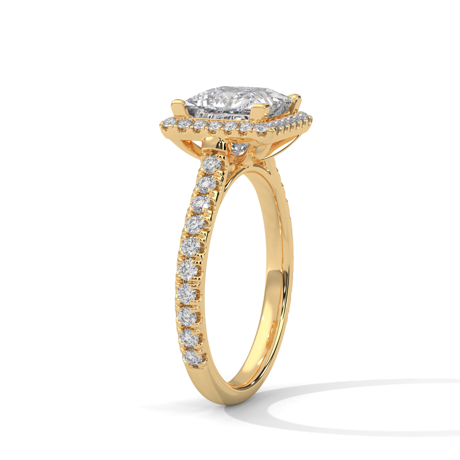 1–3 Carat Princess Lab-Grown Diamond Solitaire Engagement Ring with Halo – Pave Band – 18K Gold