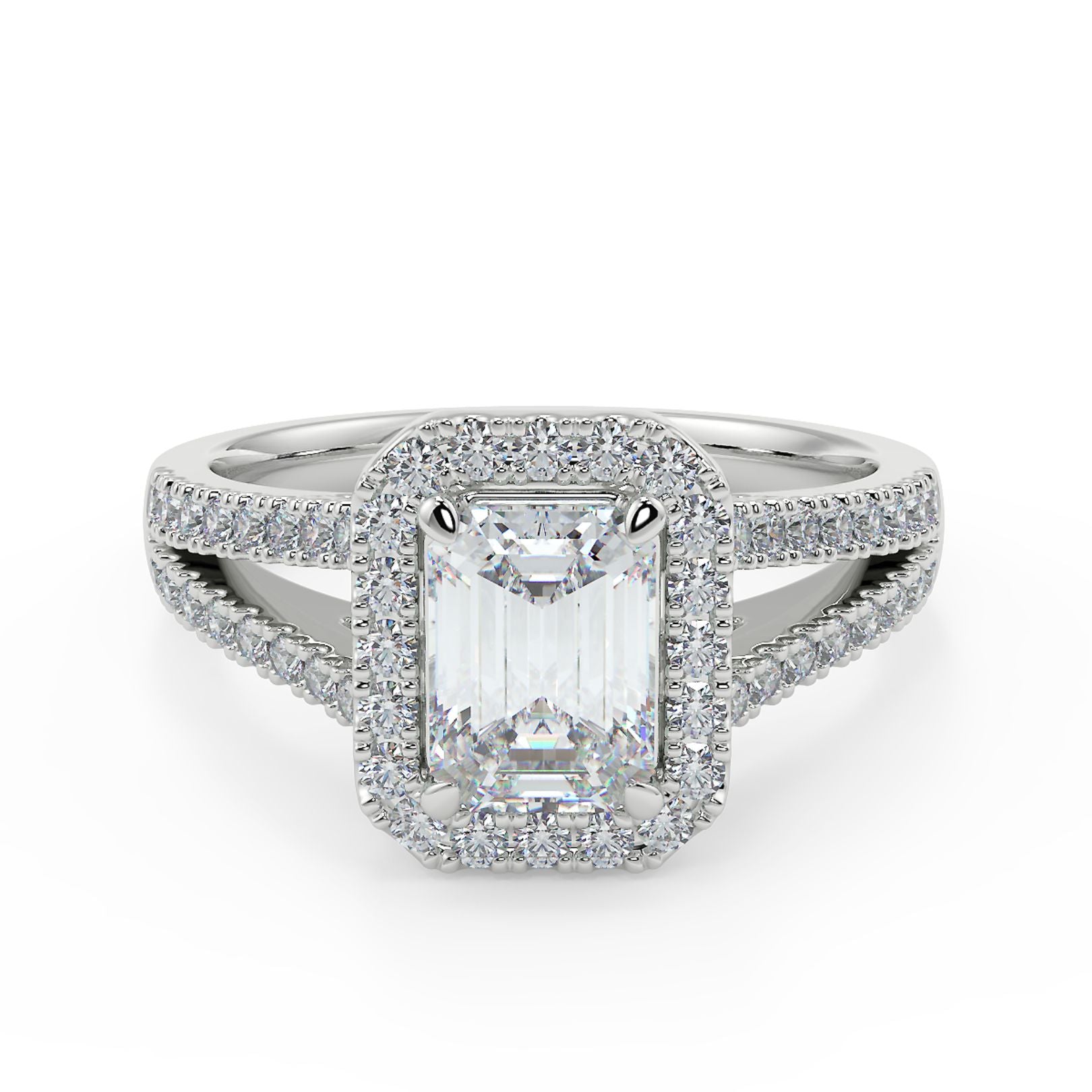 1–2 Carat Emerald Cut Lab Grown Diamond Solitaire Halo Ring | Split Shank Pavé Band | IGI Certified | 18K White Gold