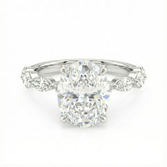 2-5 Carat Oval Lab Grown Diamond Solitaire Ring | Marquise & Round Side Stones | IGI Certified | 18K White, Yellow & Rose Gold