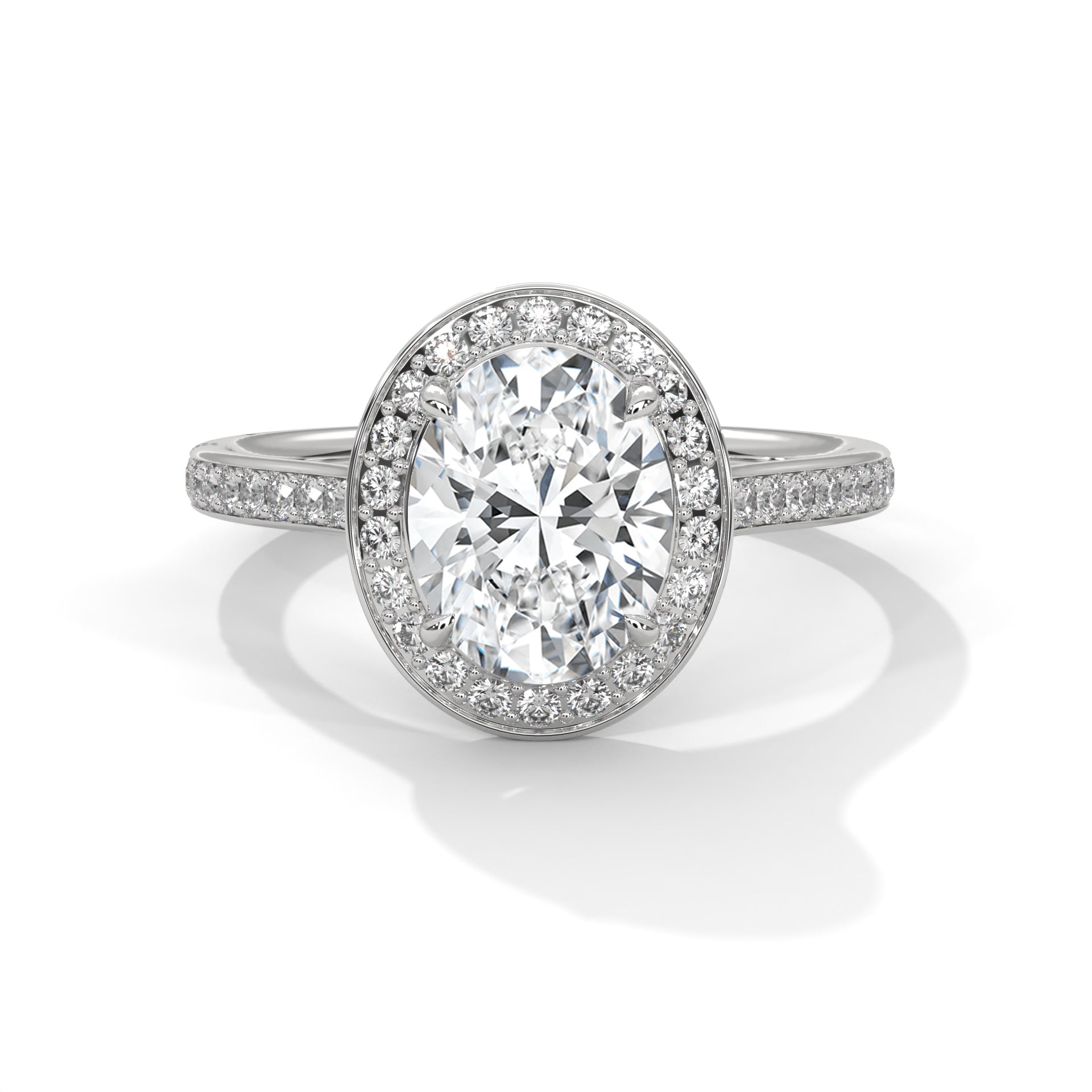 1–3 Carat Oval Lab Grown Diamond Solitaire Ring with Halo Diamonds & Pavé Band – Four Prong Setting in 18K Gold