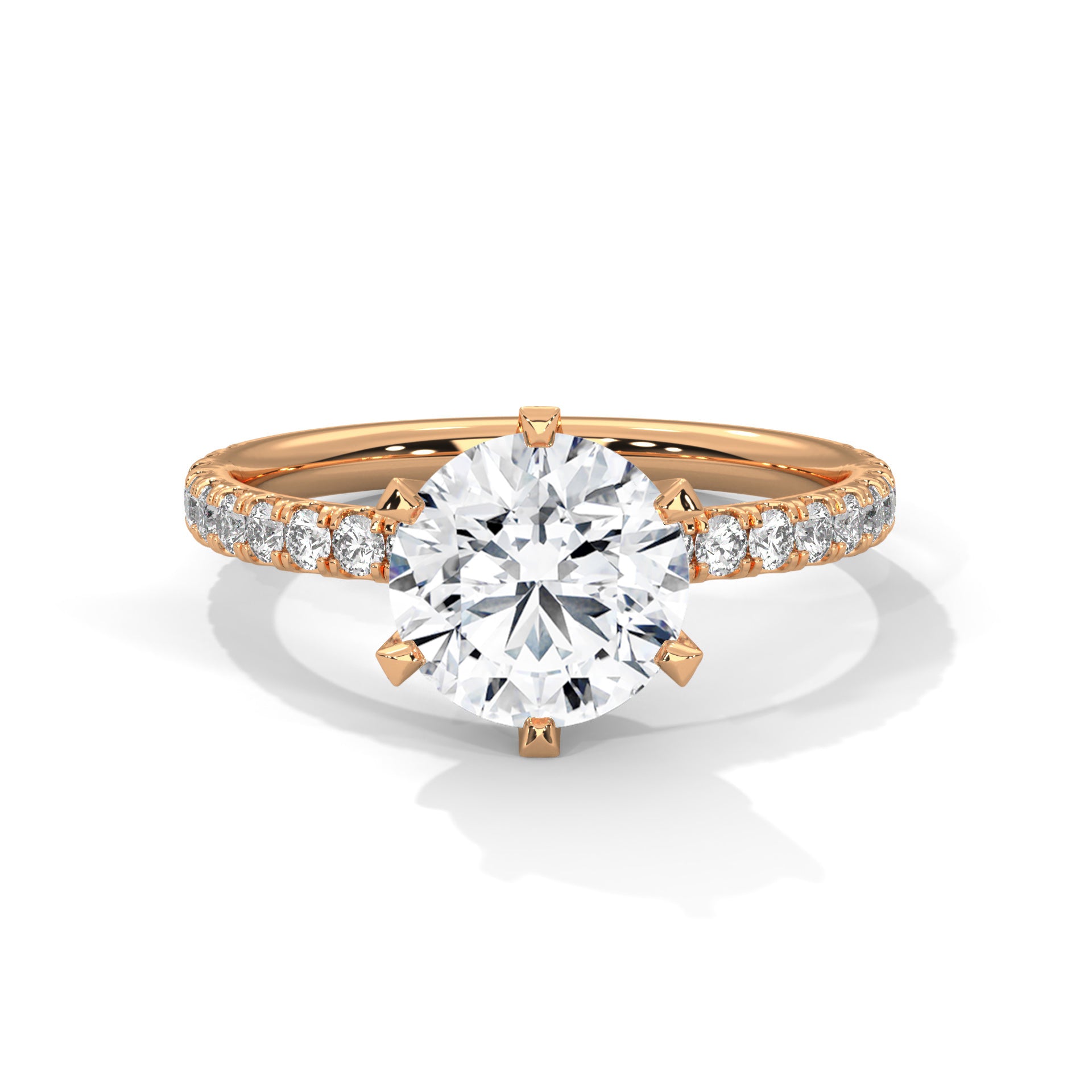 1–3 Ct Round Lab-Grown Diamond Solitaire Ring – Six Prong Pave Band, 18K Gold