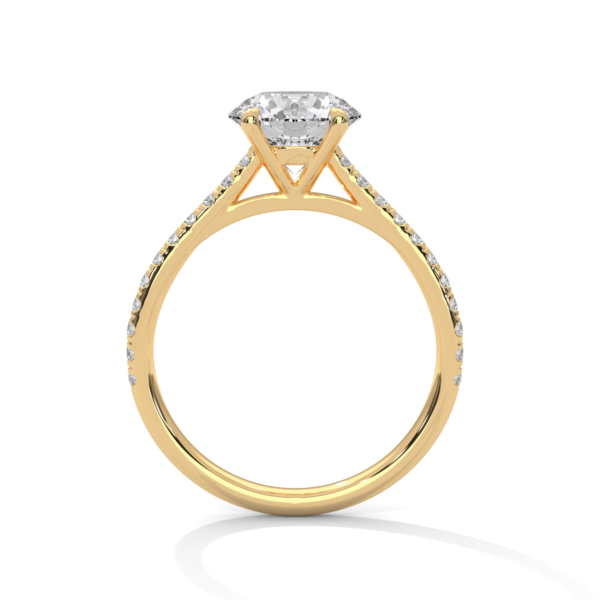 1–3 Carat Round Cut Lab Grown Diamond Solitaire – Four-Prong Pavé Band, 18K Gold