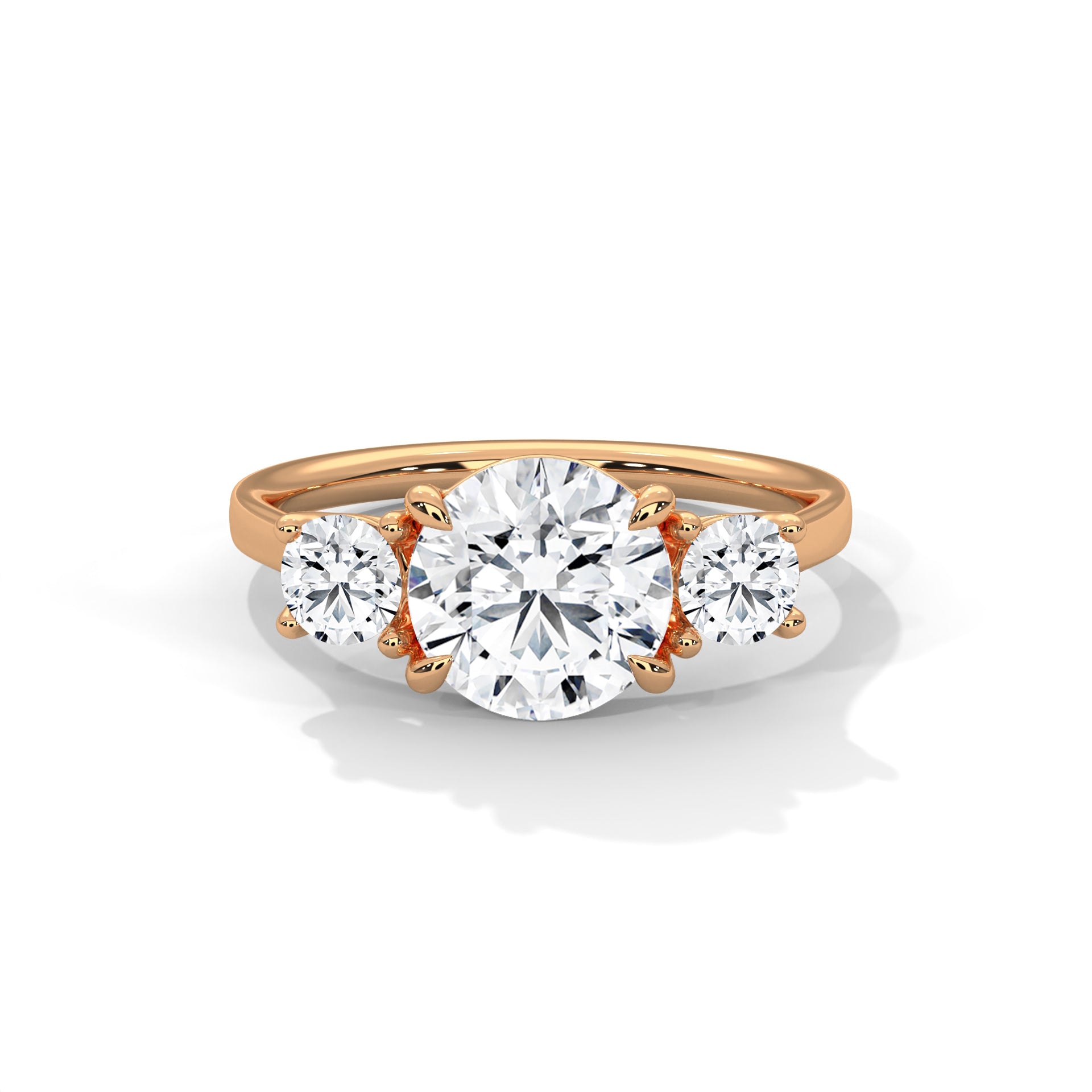 1–5 Carat Round Lab Grown Diamond Trilogy Ring with Round Side Diamonds – 18K White, Yellow or Rose Gold