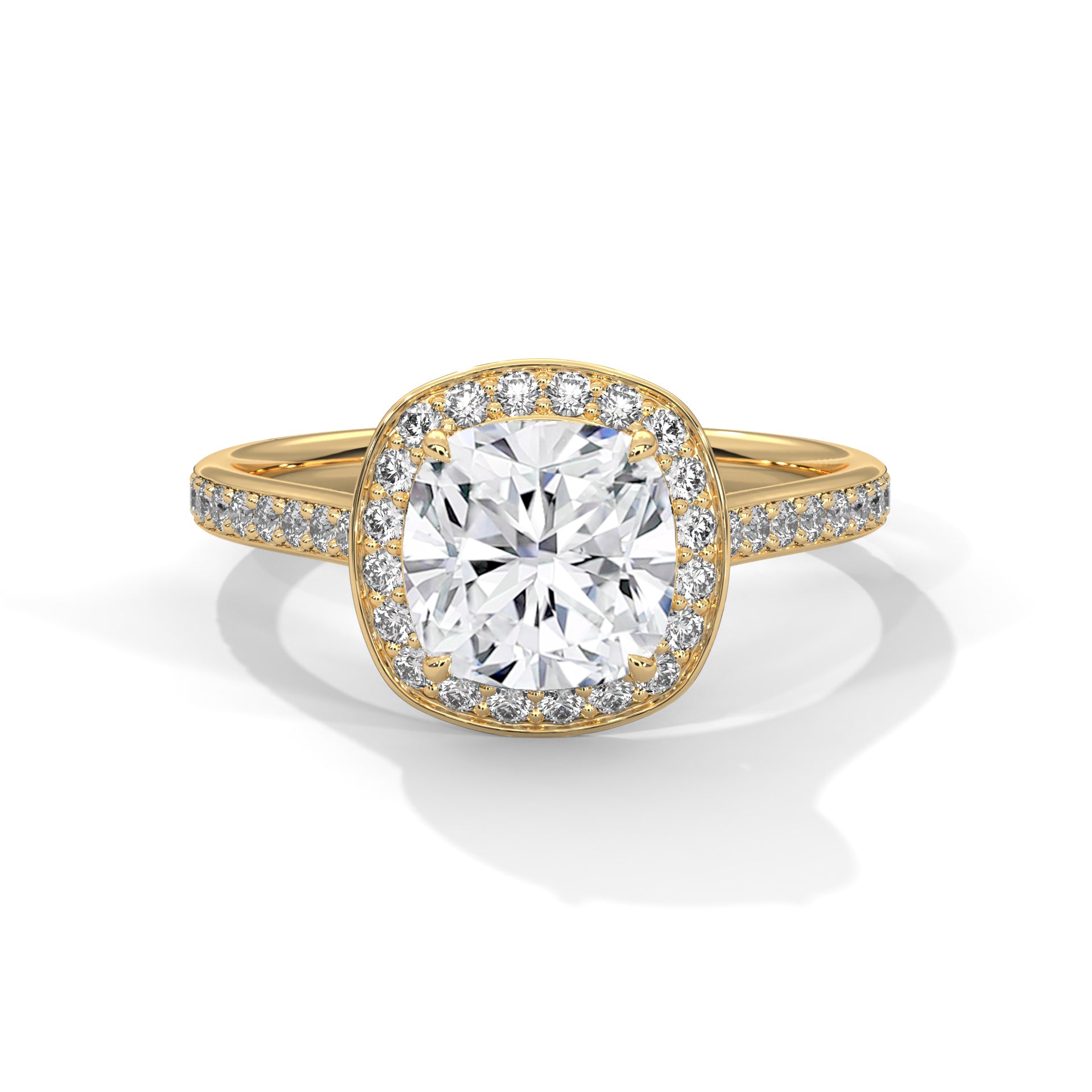 1–3 Carat Cushion Lab Grown Diamond Solitaire Halo Engagement Ring – Pave Band in 18K Gold