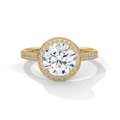 1–3 Carat Round Lab Grown Solitaire Diamond Halo Ring with Pave Band – Four Prong Setting in 18K Gold