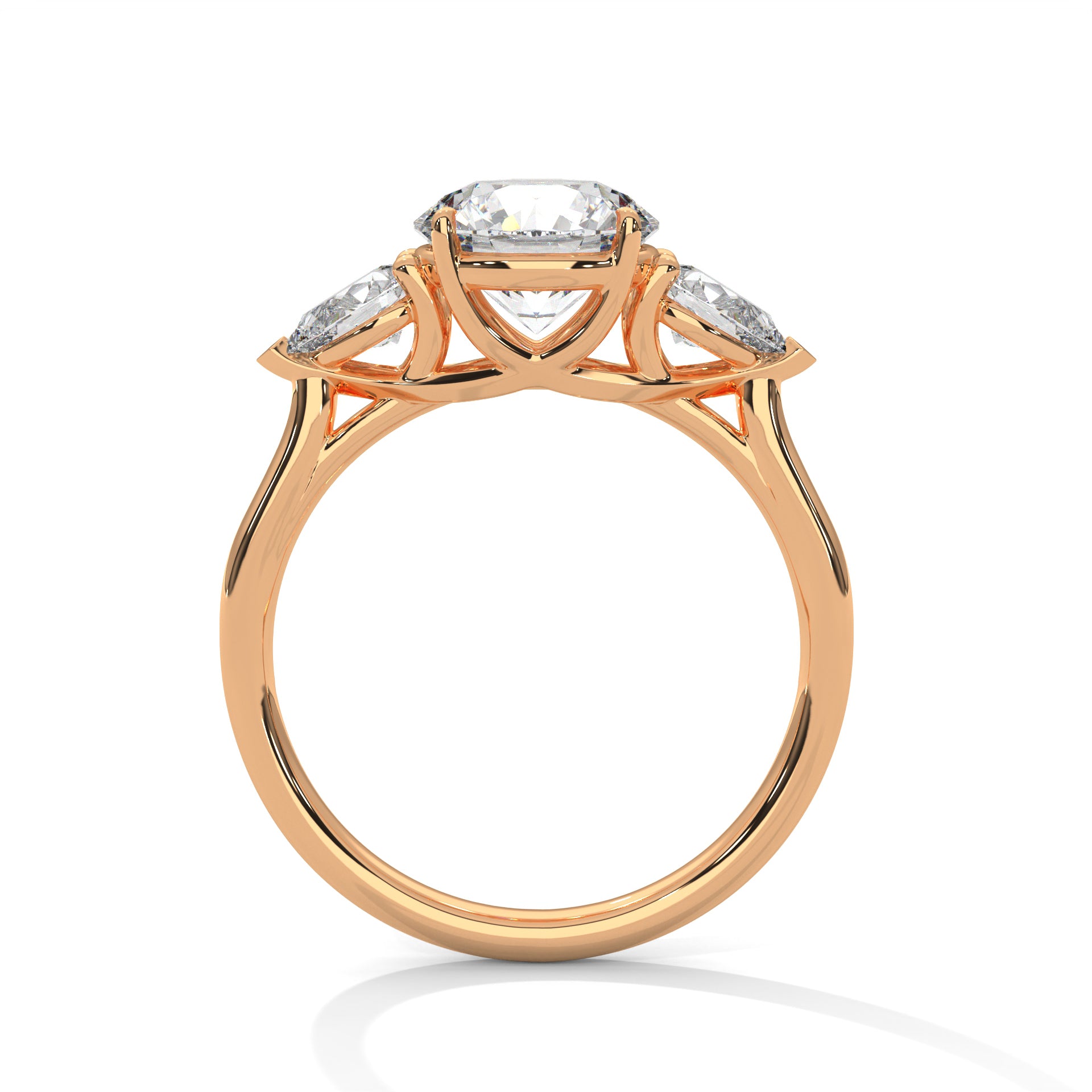 1–5 Carat Round Lab Grown Diamond Trilogy Ring with Pear Side Diamonds – 18K White, Yellow or Rose Gold