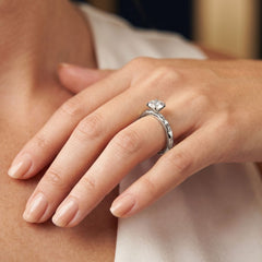 Elegant lab-grown diamond solitaire ring on woman's hand, showcasing sustainable luxury jewelry