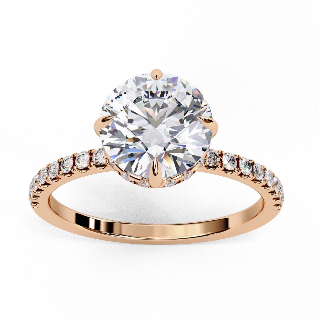 1–5 Carat Round Lab Grown Diamond Solitaire Ring with Hidden Halo in 18K Gold | Pavé Band Solitaire