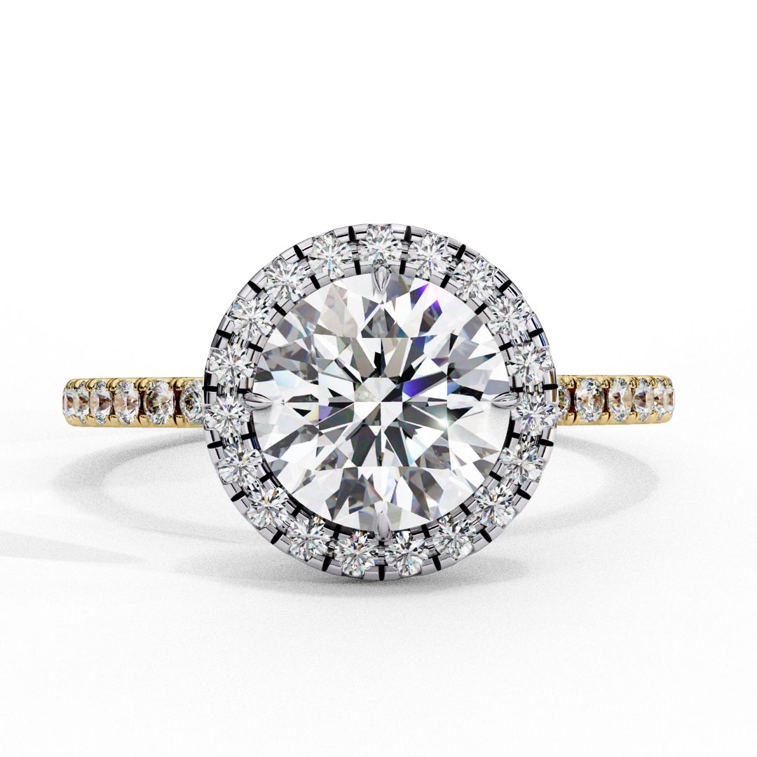 1–2 Carat Round Lab Grown Solitaire Diamond Halo Ring in 18K Gold | Pavé Band Engagement Ring