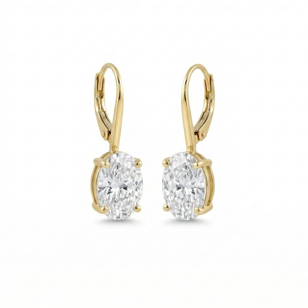 2–3 Carat Each Oval Lab Grown Diamond Drop Earrings | Lever Back Setting | 18K White, Yellow & Rose Gold