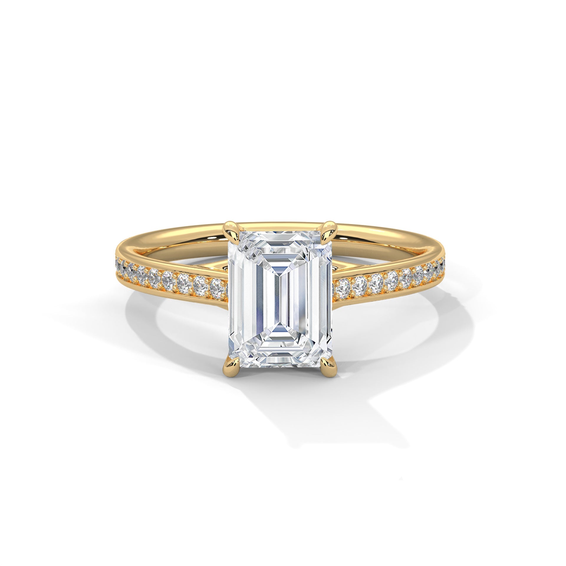 1–3 Carat Emerald Cut Lab Grown Diamond Solitaire Ring with Pavé Band – Four Prong Setting in 18K Gold